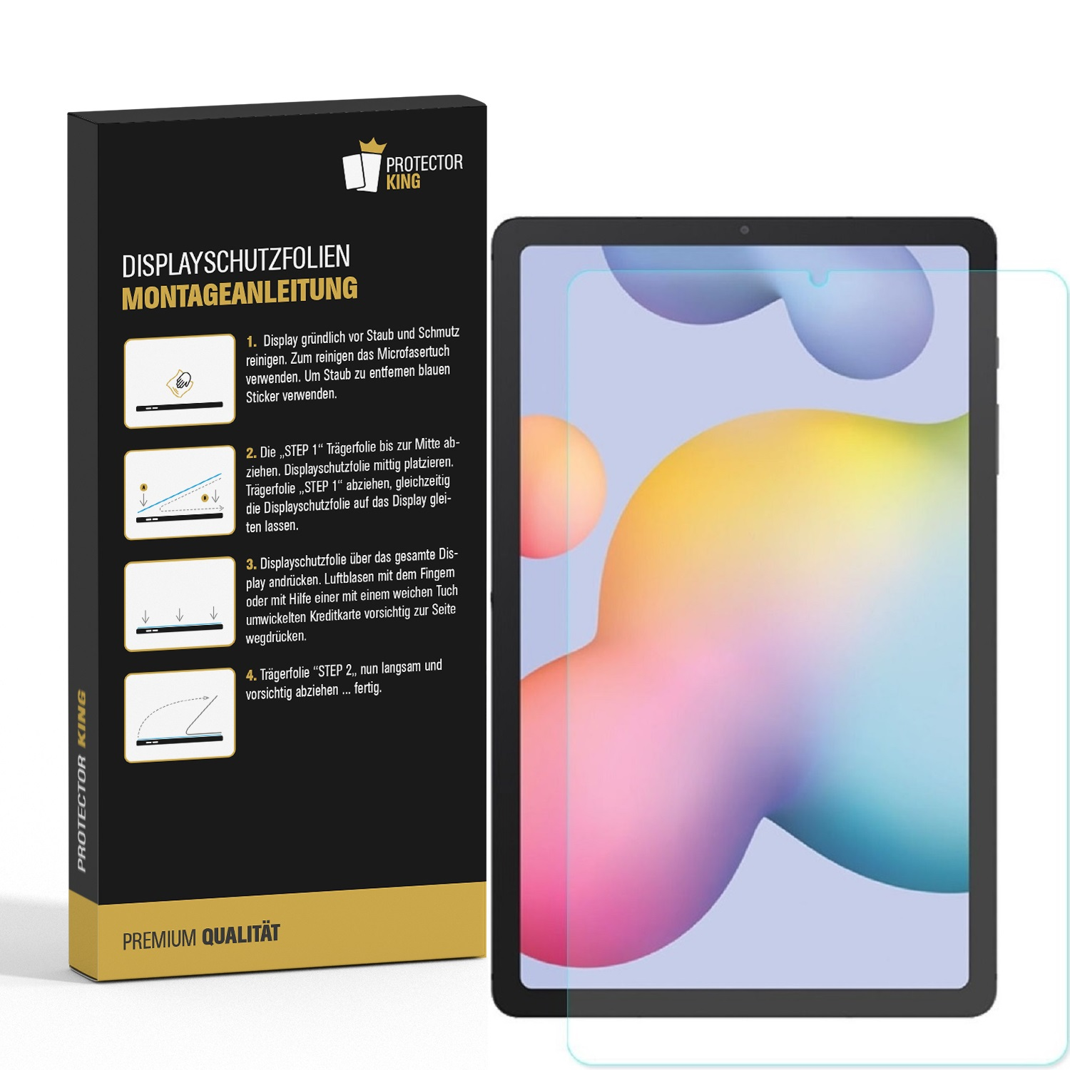 Eine schwarze Box mit Anweisungen und ein Tablet mit angebrachtem Displayschutz. Der Bildschirm zeigt bunte, abstrakte Formen.