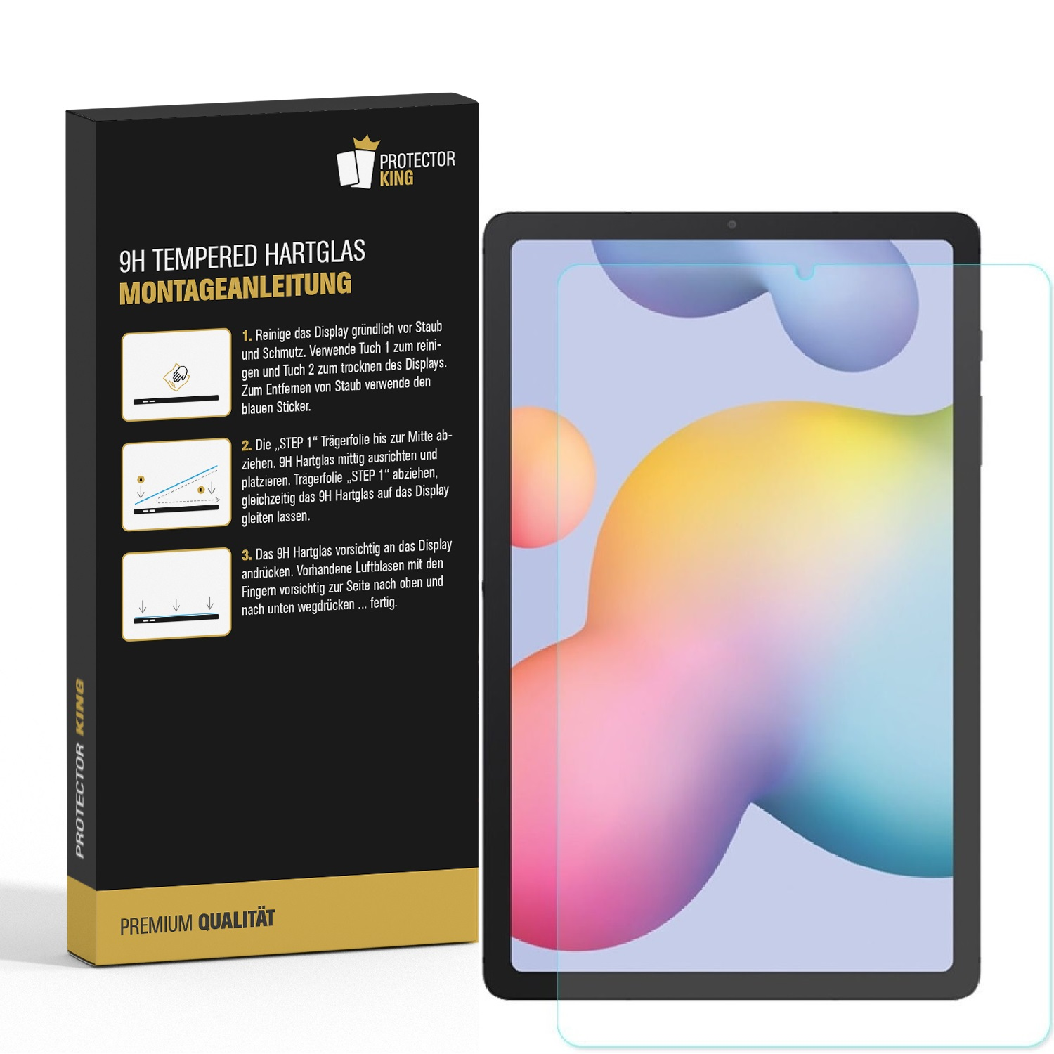 Ein Tablet mit aufgebrachter Displayschutzfolie, neben einer Box mit Anweisungen. Die Box ist schwarz und gold.