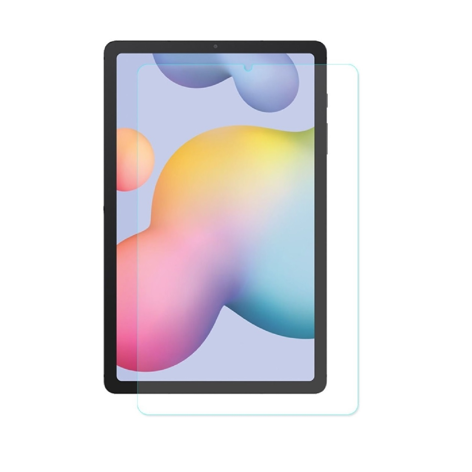 Tablet mit Displayschutzfolie. Der Bildschirm zeigt ein farbenfrohes Blob-Design. Das Tablet ist schwarz mit einer Kamera.