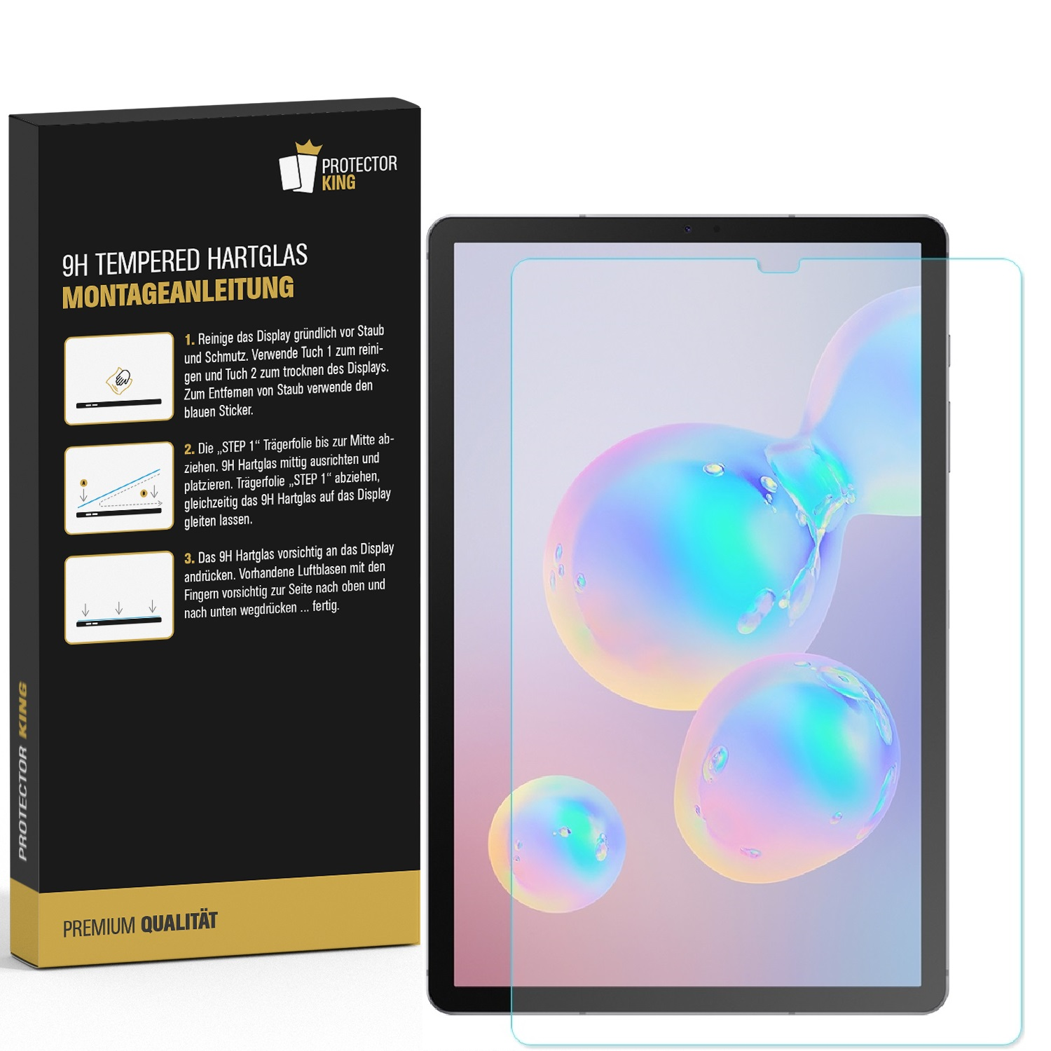 Ein Tablet mit einem Displayschutzfolien-Kit. Das Kit enthält Anweisungen und einen Hartglas-Displayschutz.