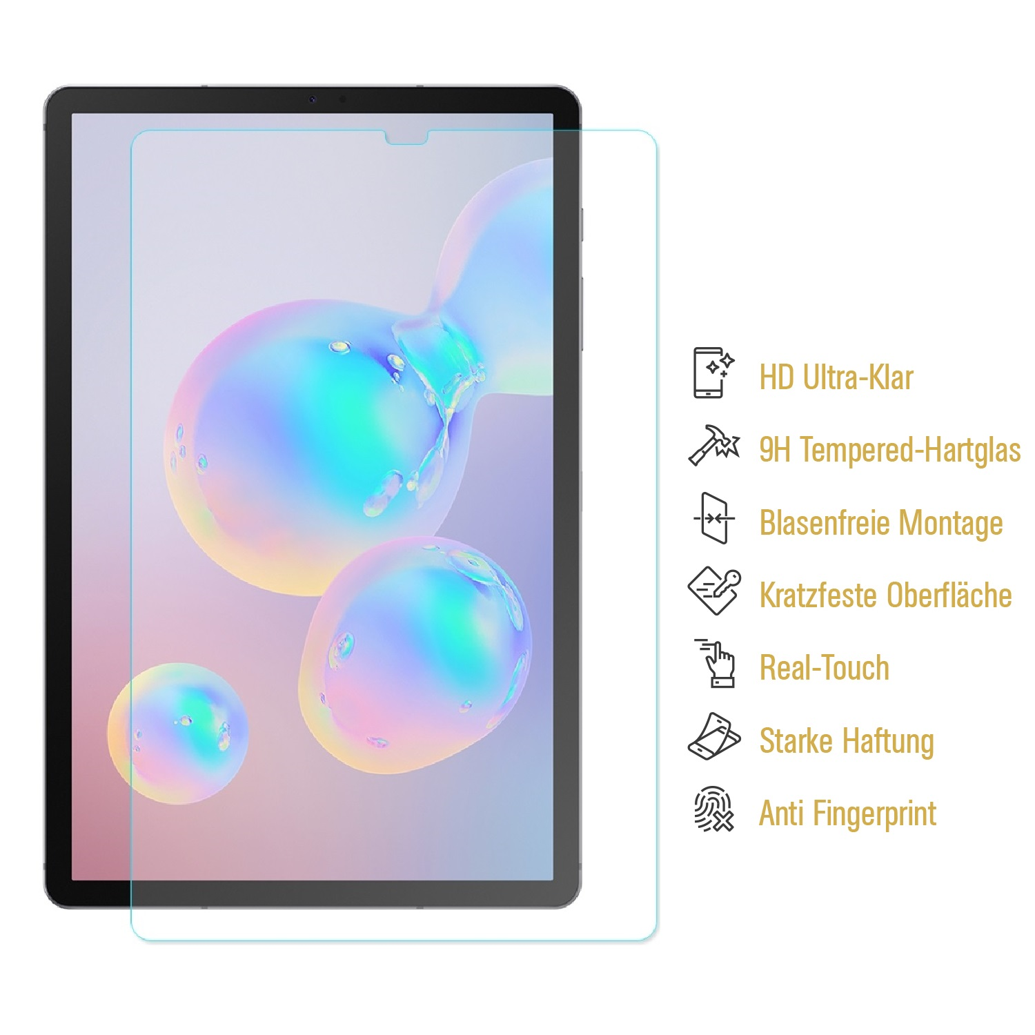 Ein Tablet mit Displayschutzfolie, Blasen und Textetiketten. Die Etiketten weisen auf Funktionen wie HD-Klarheit und Kratzfestigkeit hin.