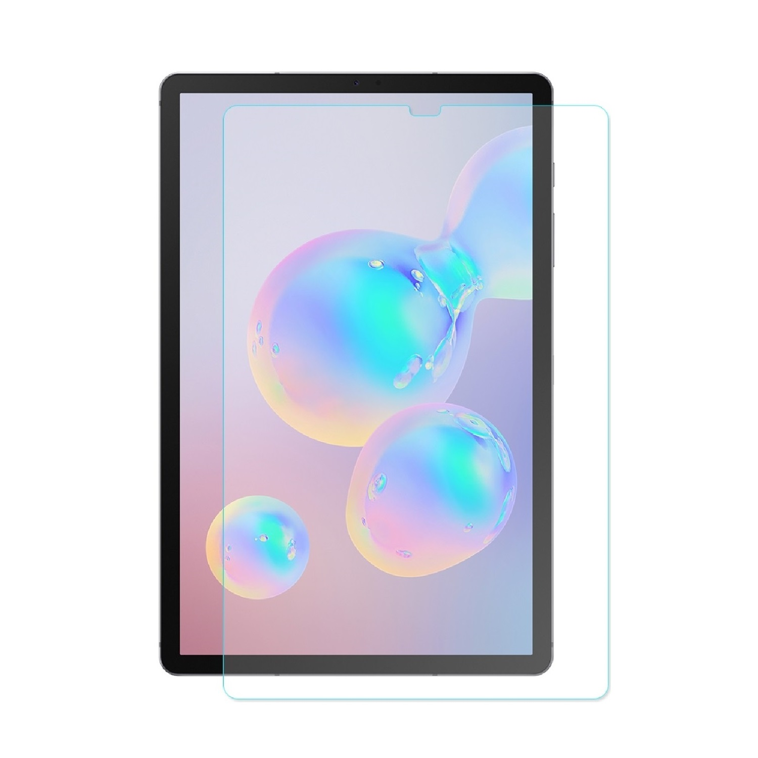 Tablet mit Displayschutzfolie. Der Bildschirm zeigt schillernde Kugeln. Der Schutz ist leicht dezentriert und klar.