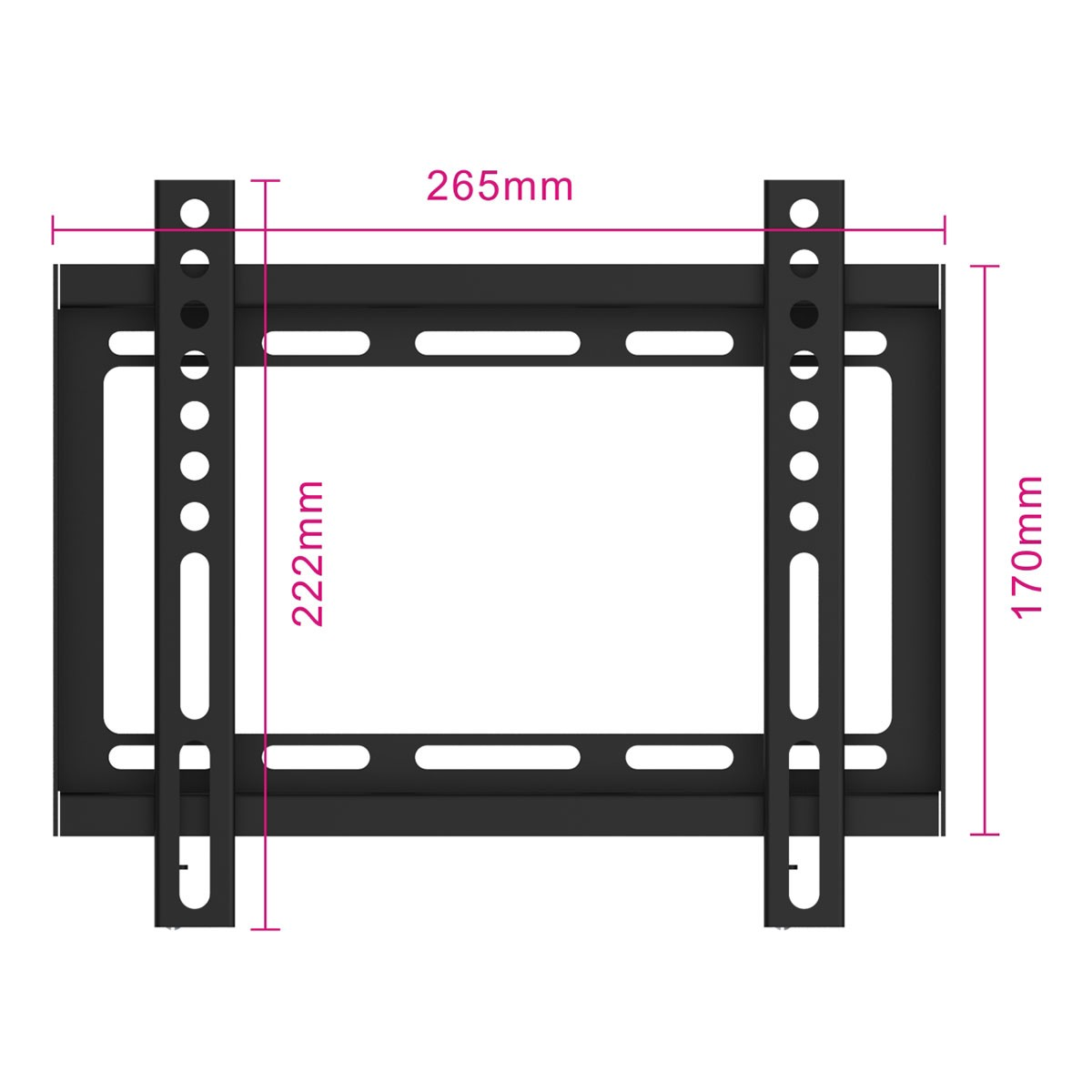 Schwarze TV-Wandhalterung aus Metall mit Größenangaben: 265 mm Breite, 222 mm Höhe und 170 mm Höhe. Sie hat mehrere Löcher.