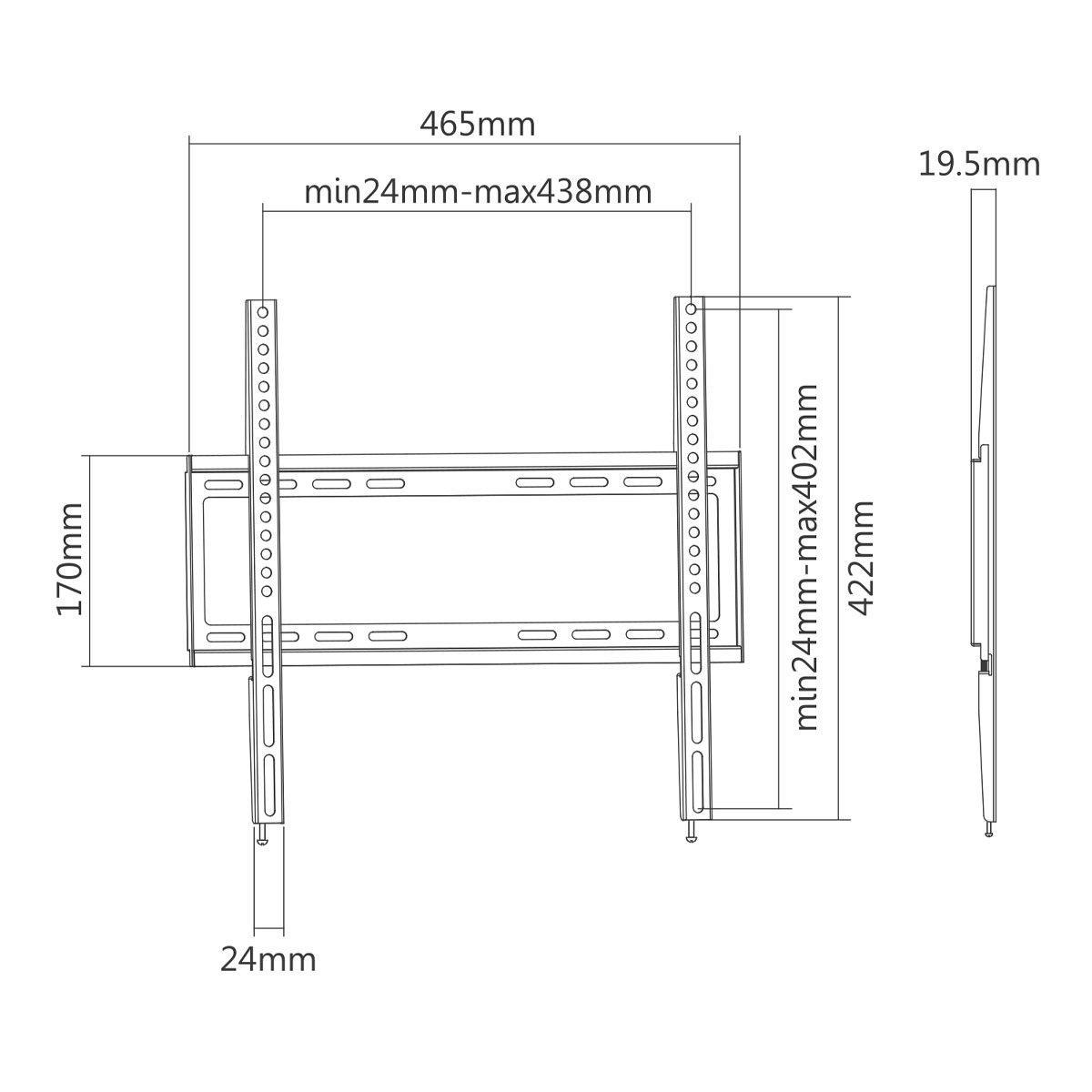 Technische Zeichnung einer TV-Wandhalterung mit Maßen: 465 mm, 170 mm, 422 mm und 19,5 mm. Inklusive Mindest-/Höchstmaße.
