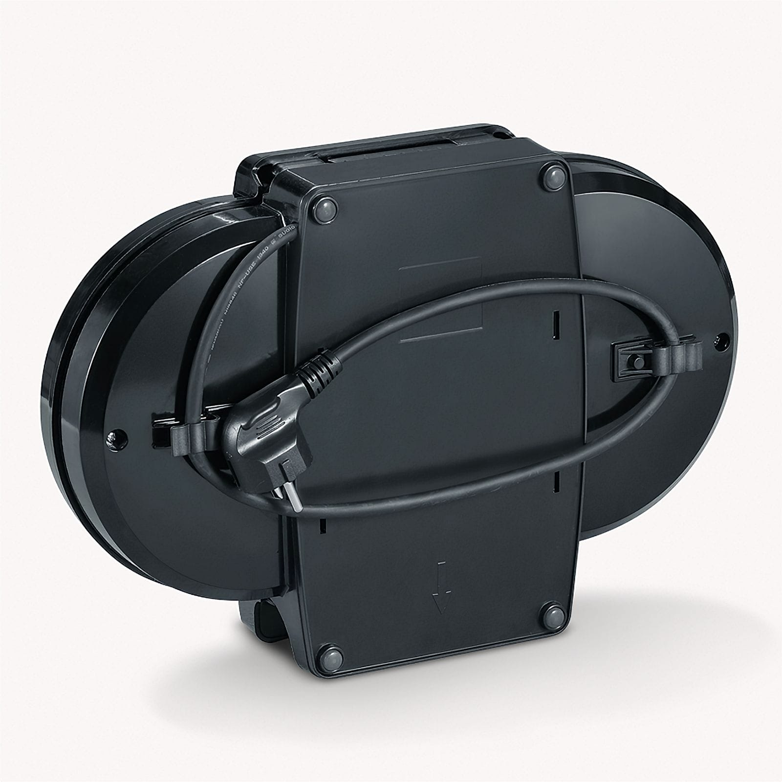 Czarny bęben kablowy z wtyczką. Bęben jest czarny i ma dwie strony. Kabel jest owinięty wokół bębna.