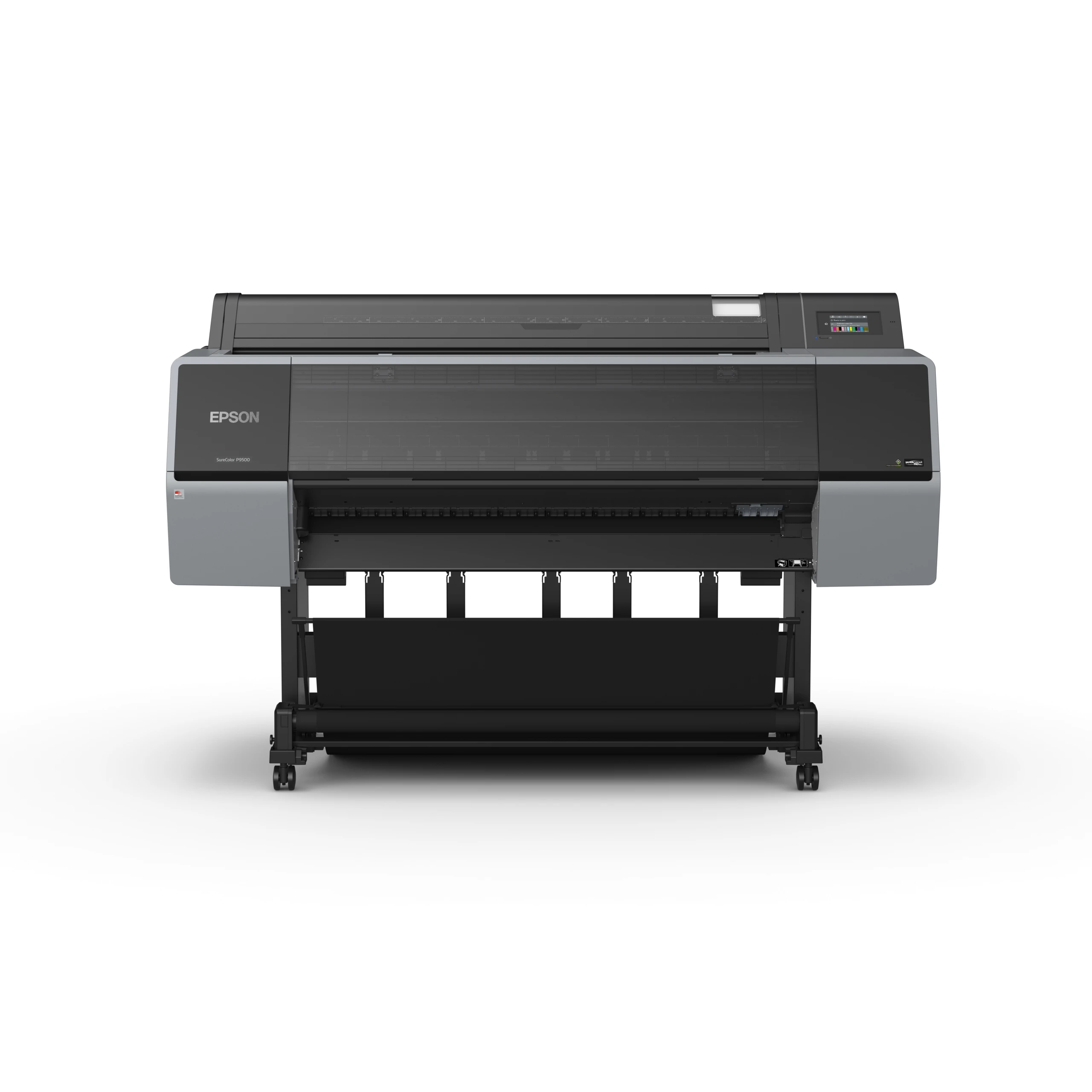 Una stampante Epson SureColor P9500, nera e grigia, su sfondo bianco.