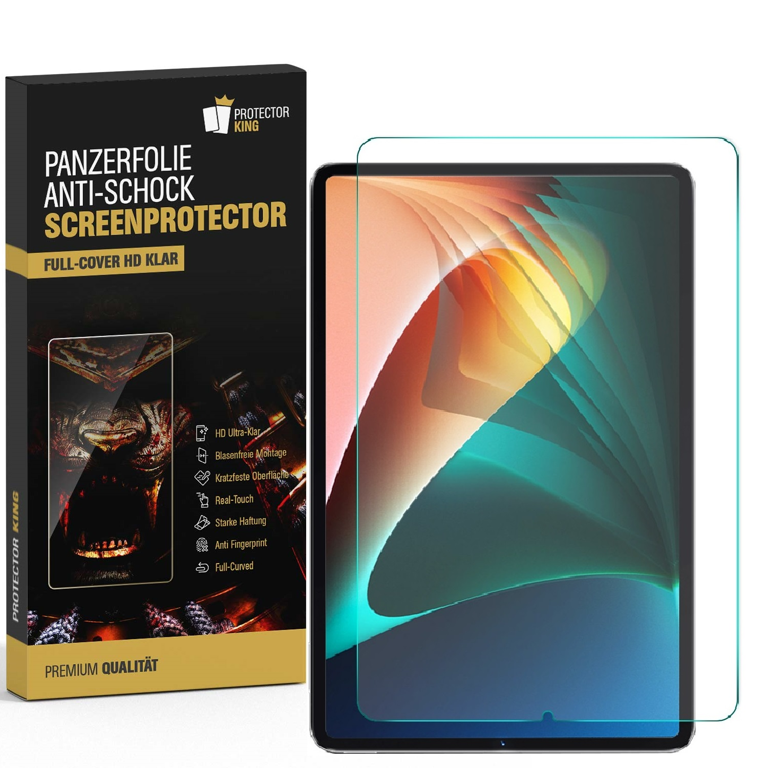Eine Displayschutzfolienbox mit Tablet. Text: 'Panzerfolie Anti-Schock Screenprotector'. Auf dem Tablet ist eine Schutzfolie angebracht.