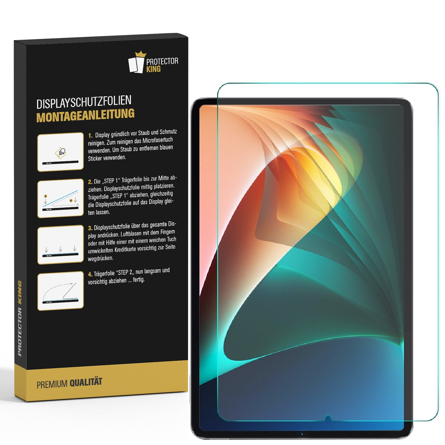 Eine Displayschutzfolienbox und ein Tablet mit aufgebrachtem Schutz, die Installationsschritte zeigend.
