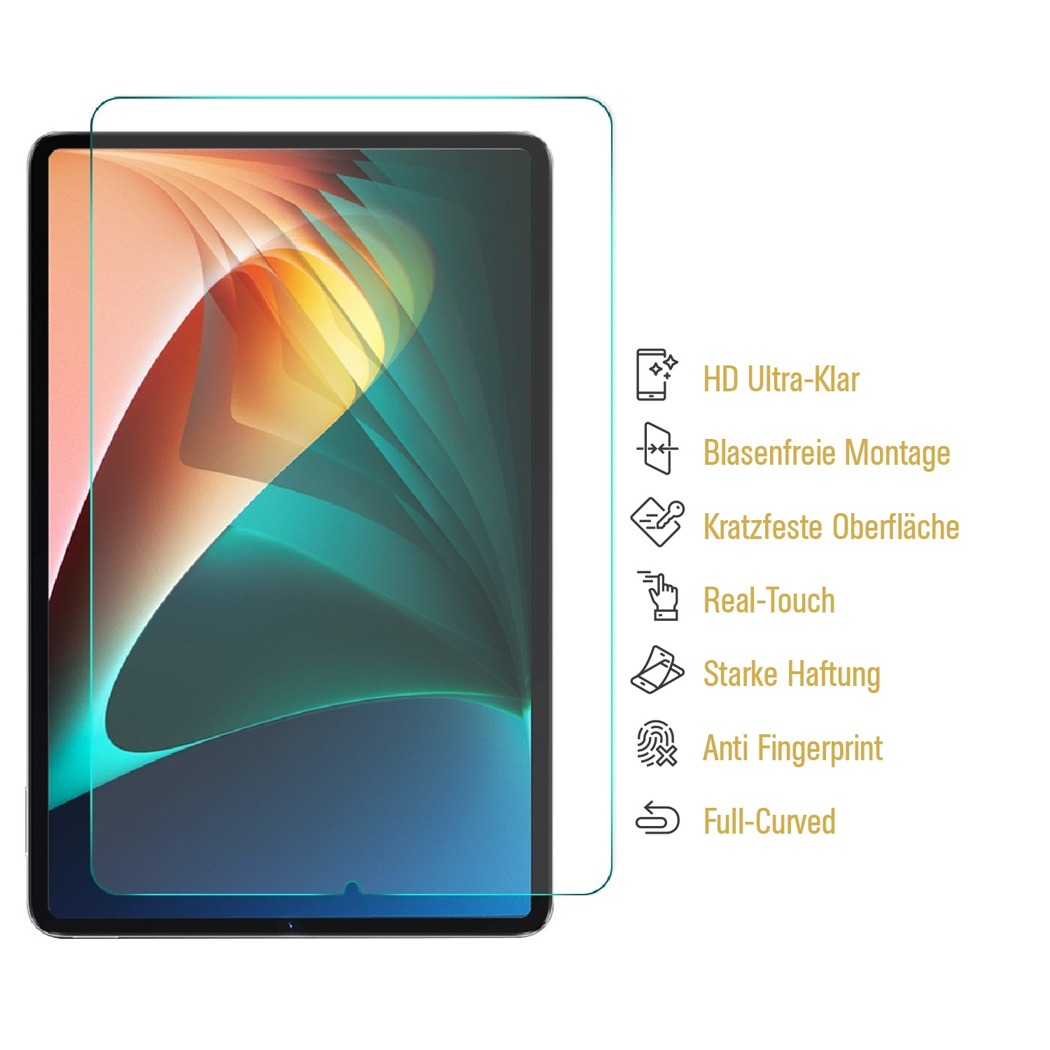 Ein Tablet-Displayschutz mit Tablet und Funktionen wie HD-Klarheit, blasenfreier Installation, Kratzfestigkeit und Anti-Fingerprint.