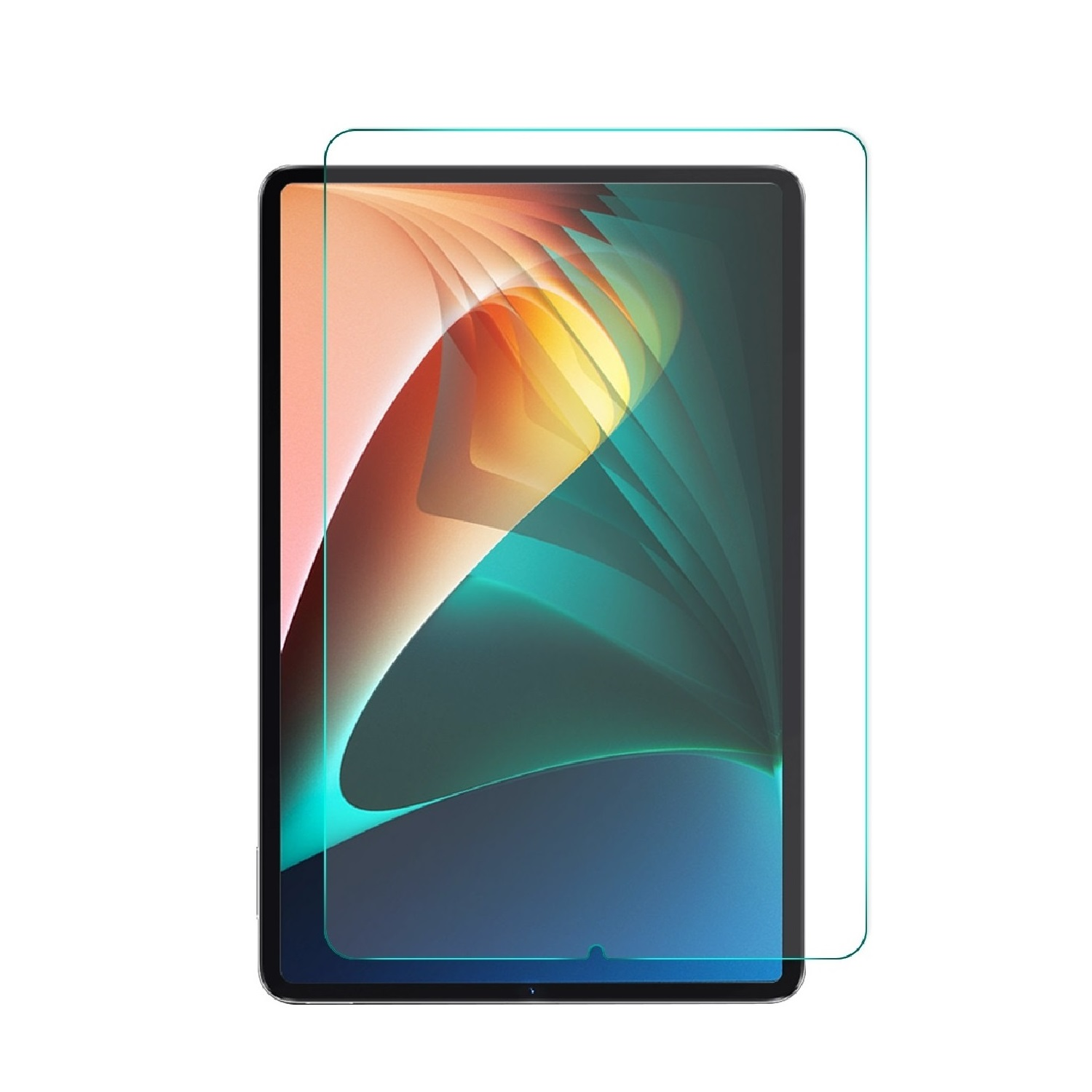 Ein Tablet mit Displayschutzfolie wird gezeigt. Der Bildschirm zeigt ein abstraktes Design mit Farbtönen von Orange, Türkis und Blau.