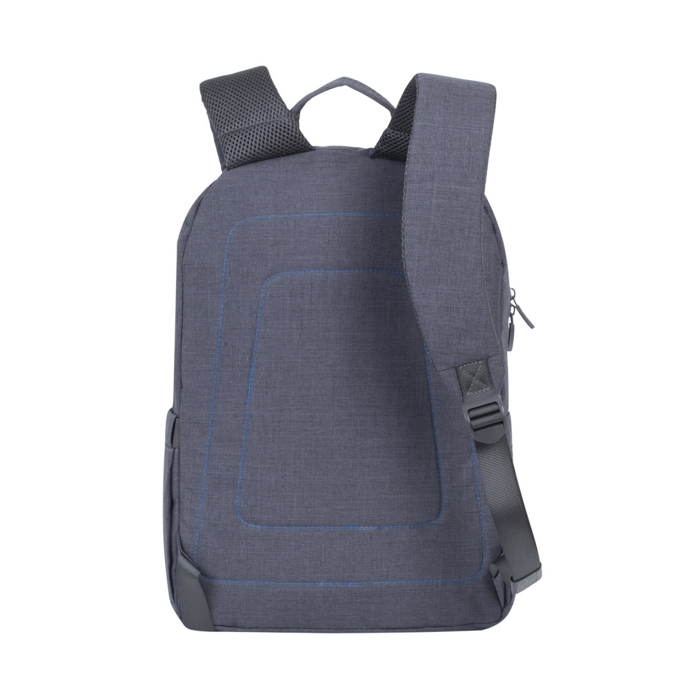 Uno zaino grigio con cuciture blu. Ha due spallacci e una maniglia superiore. Lo sfondo è bianco.