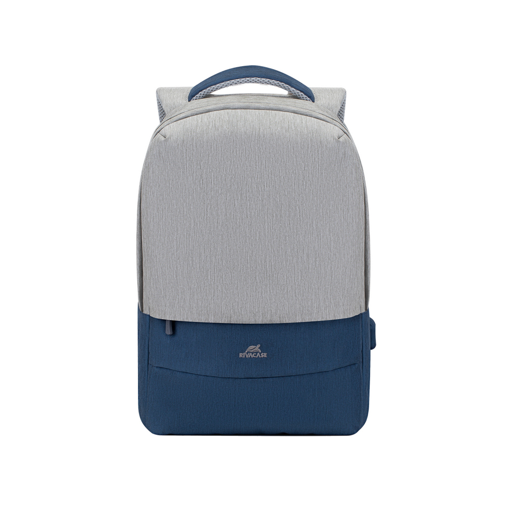 Uno zaino grigio e blu navy con manico superiore. Ha una tasca frontale e il logo del marchio è visibile.