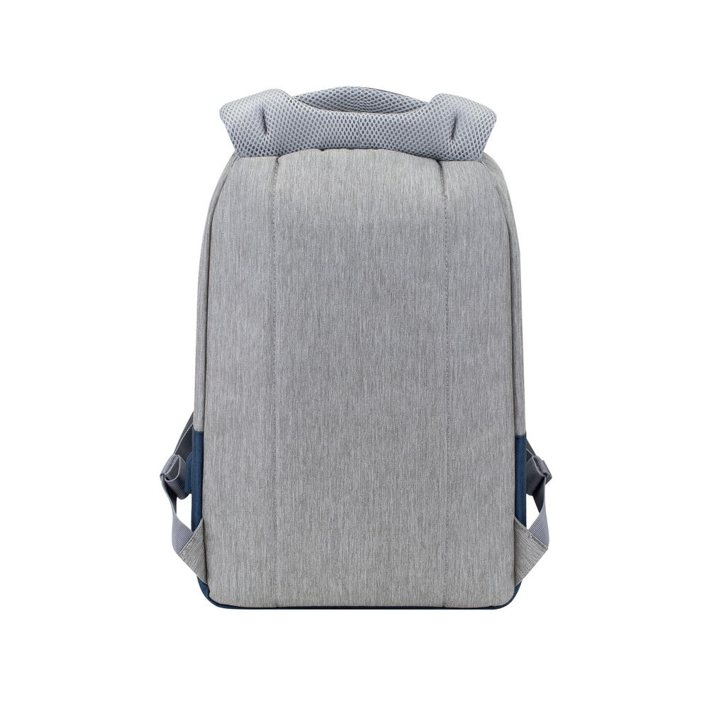 Uno zaino grigio con dettagli blu. Presenta una parte superiore in rete e cinghie. Lo sfondo è bianco.
