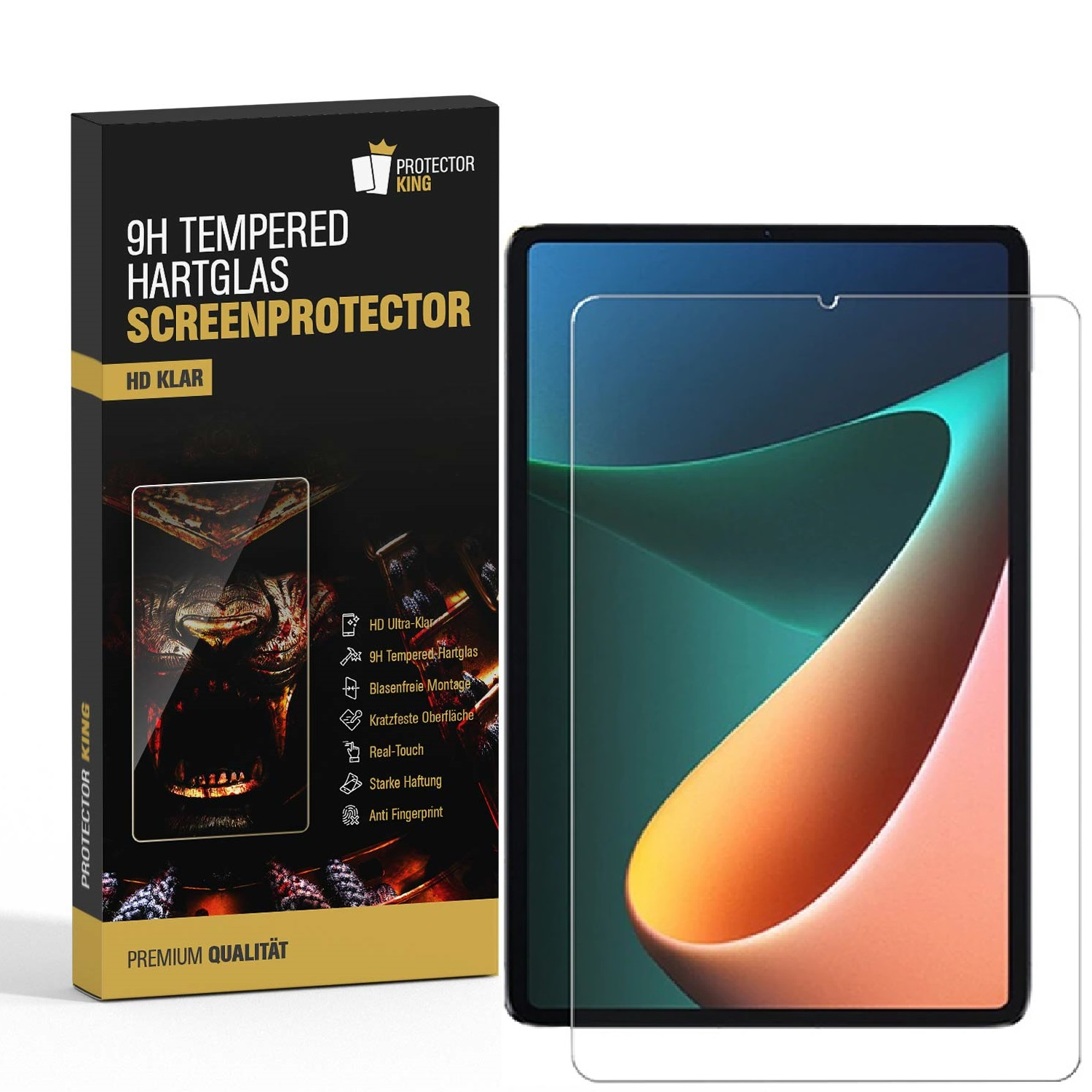 Ein Tablet mit Displayschutzfolie neben einer Produktverpackung. Auf der Verpackung steht '9H Tempered Hartglas Screenprotector'.