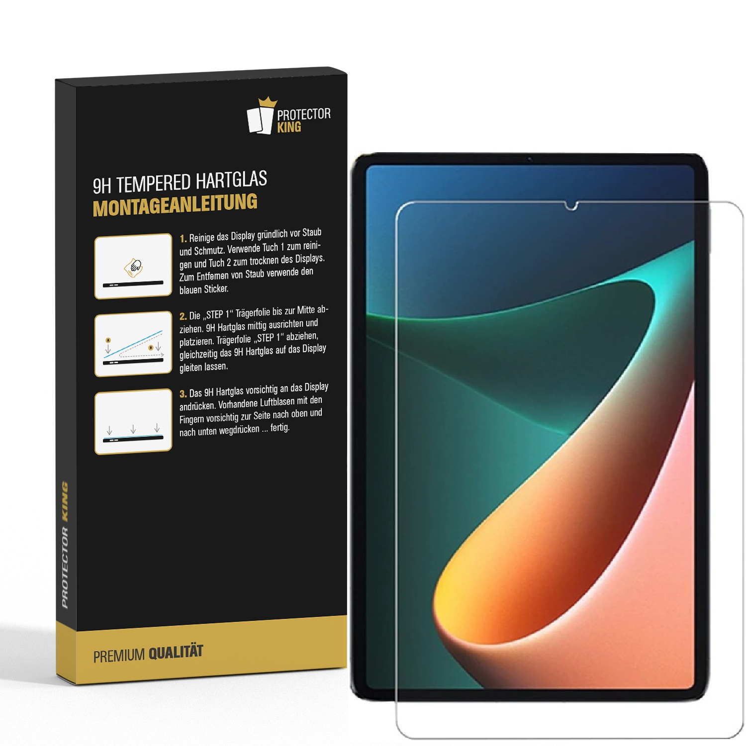 Ein Displayschutz-Kit mit Anweisungen und einem Tablet. Auf der Box steht 9H Tempered Hartglas, Protector King, Premium Qualität.