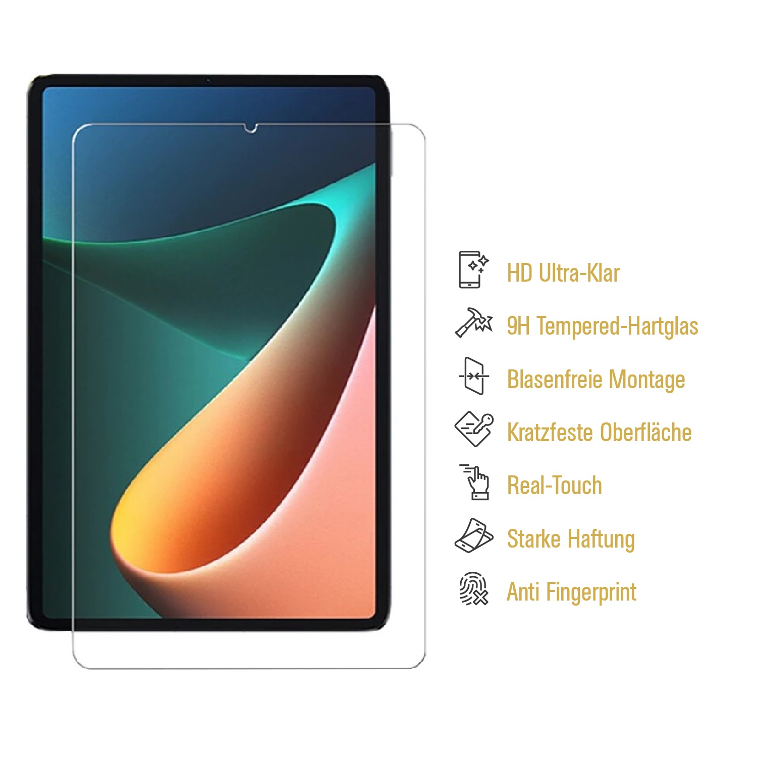 Ein Tablet mit Displayschutz. Merkmale sind HD-Klarheit, gehärtetes Glas, blasenfreie Montage, Kratzfestigkeit und Anti-Fingerabdruck.
