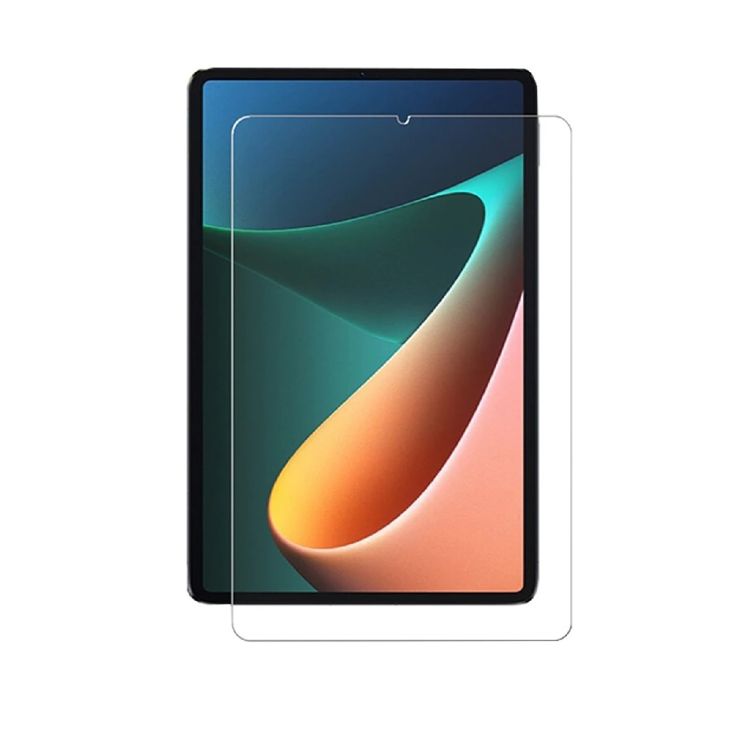 Ein Tablet mit aufgetragener Displayschutzfolie. Der Bildschirm zeigt abstrakte Kunst in Orange-, Grün- und Blautönen.
