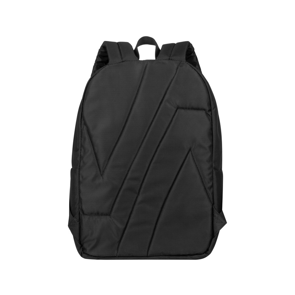 Uno zaino nero su sfondo bianco. Ha due spallacci e una maniglia superiore. Il retro presenta un motivo strutturato.