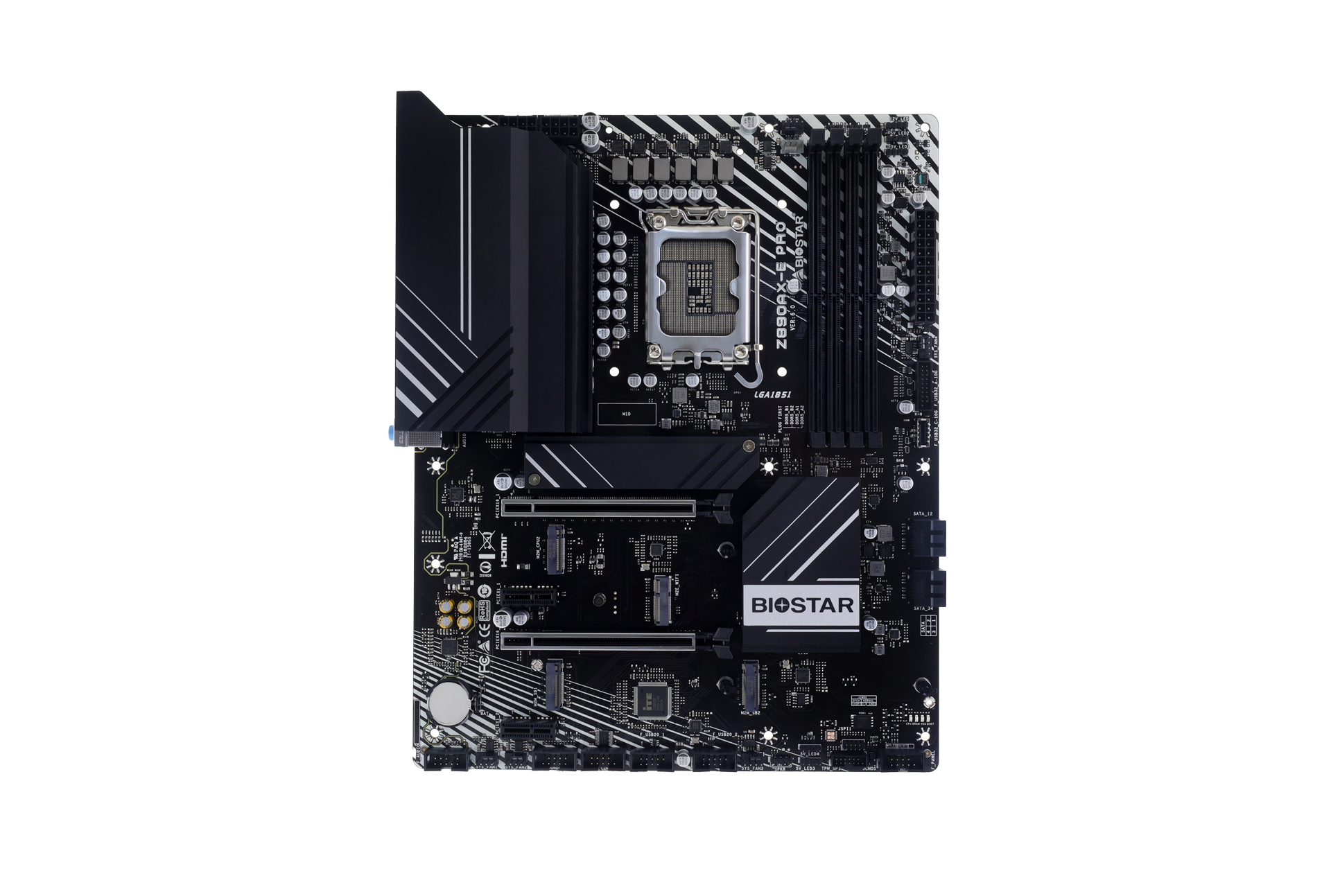 Una scheda madre BIOSTAR Z890AX-E PRO nera con componenti argentati, testo bianco e un socket centrale per il processore.