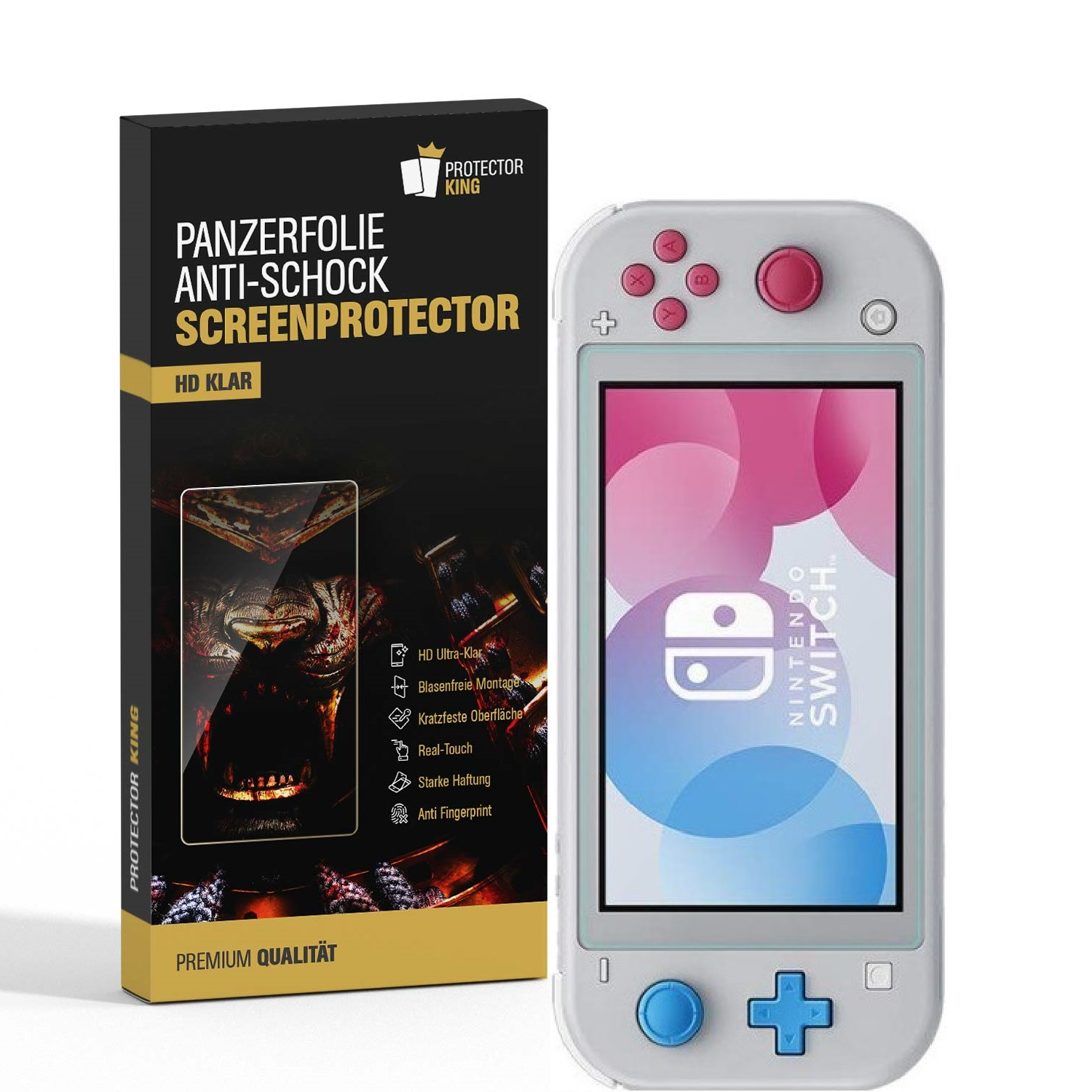 Eine Nintendo Switch Lite und eine Displayschutzfolienbox werden gezeigt. Der Switch ist weiß mit rosa Knöpfen. Die Box ist schwarz und gold.