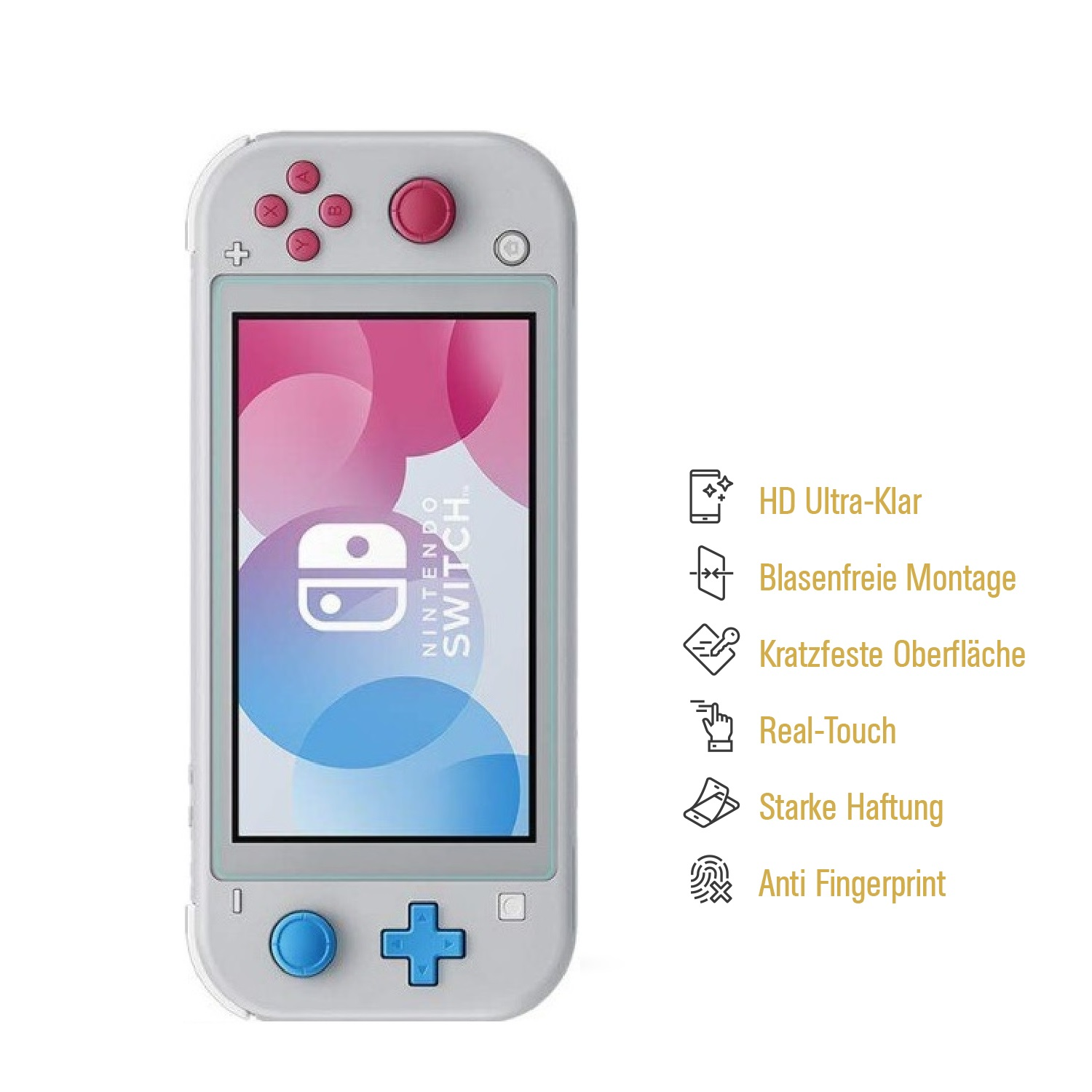 Ein Nintendo Switch Lite-Konsolen. Sie ist hellgrau mit rosa Knöpfen und einem Bildschirm mit einer rosa-blauen Grafik. Merkmale sind aufgelistet.