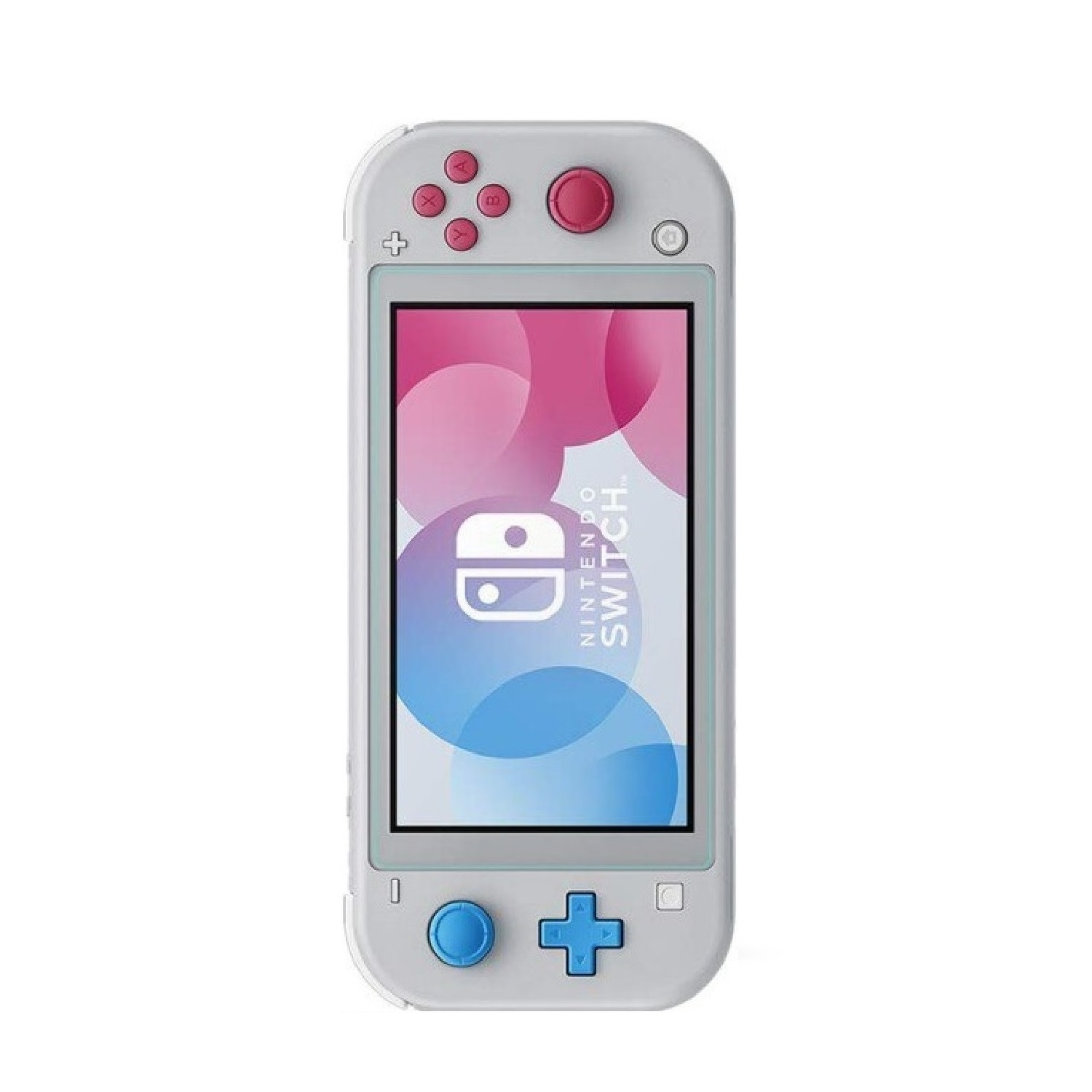 Ein grauer Nintendo Switch Lite. Es hat rosa Knöpfe und einen Bildschirm mit blauem und rosa Design und dem Nintendo Switch-Logo.