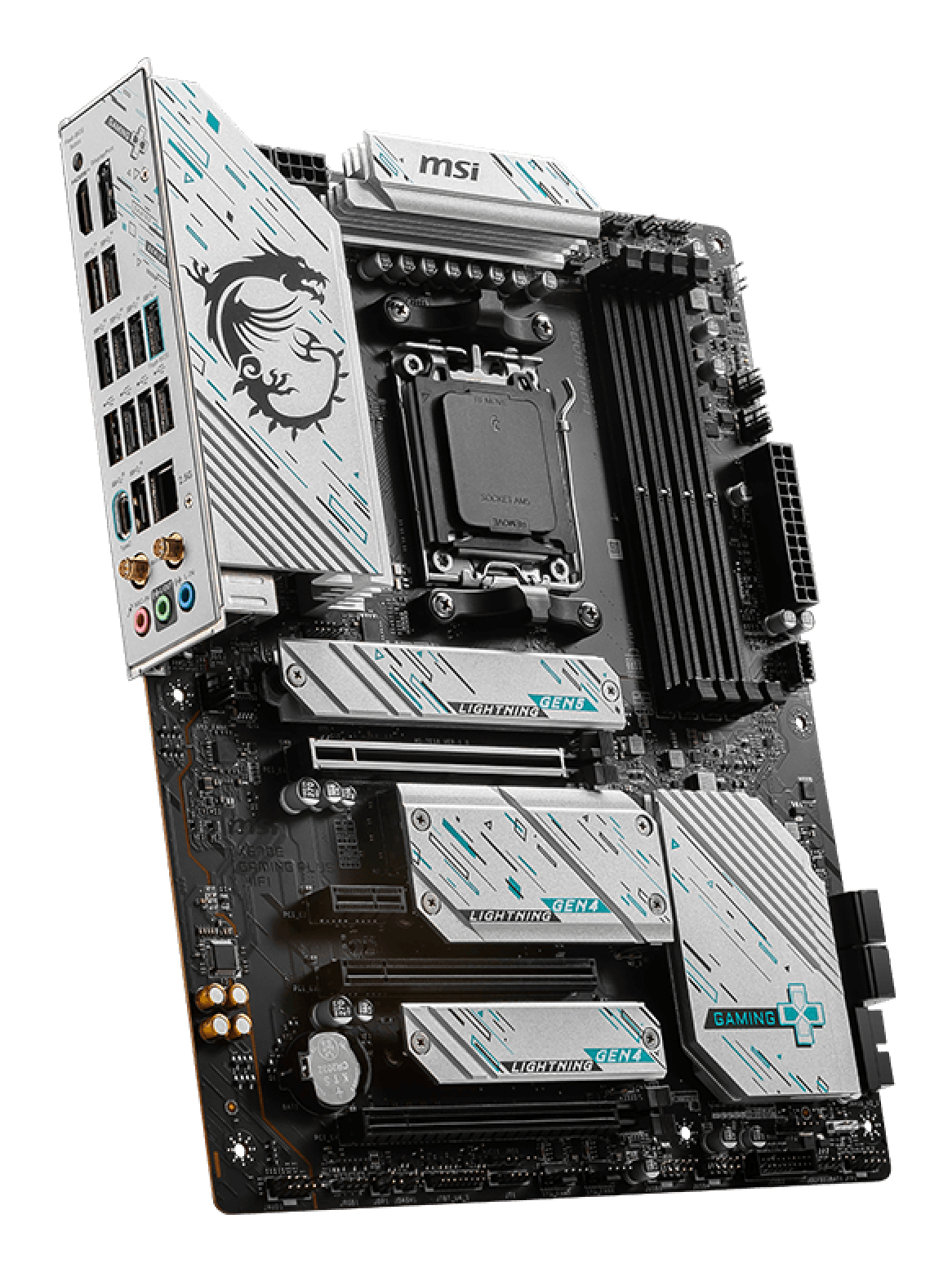 Scheda madre MSI, nera e argento, con accenti turchesi. Presenta un logo a drago e la scritta "GAMING". È un componente per computer.