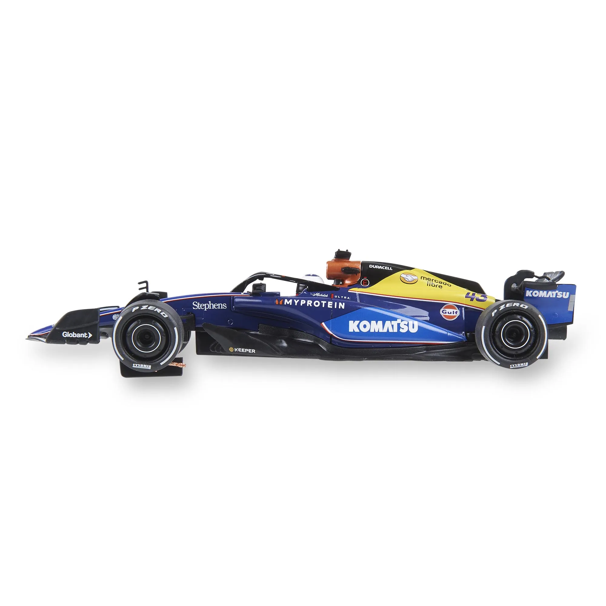 Un coche de carreras de Fórmula 1 azul y amarillo con logotipos de patrocinadores se muestra sobre un fondo blanco.