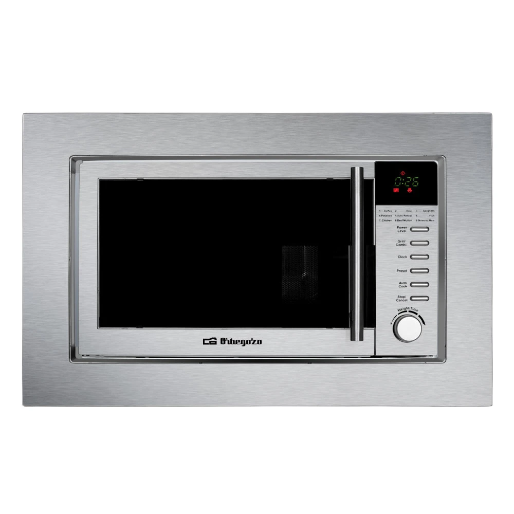 Un horno microondas de acero inoxidable con pantalla digital que muestra la hora. Tiene botones para varias funciones de cocción. La puerta está cerrada.