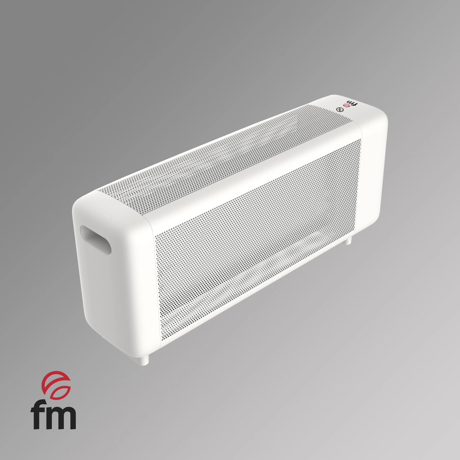 Biały grzejnik elektryczny z perforowanym frontem. Logo FM znajduje się po lewej stronie.