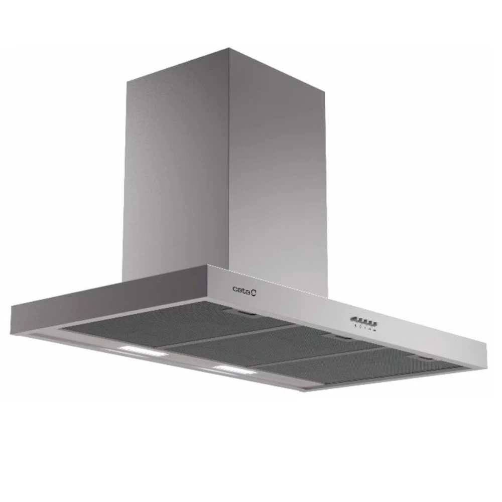 Una campana extractora plateada con una chimenea rectangular. Tiene una base plana con filtro y luces. La marca Cata es visible.