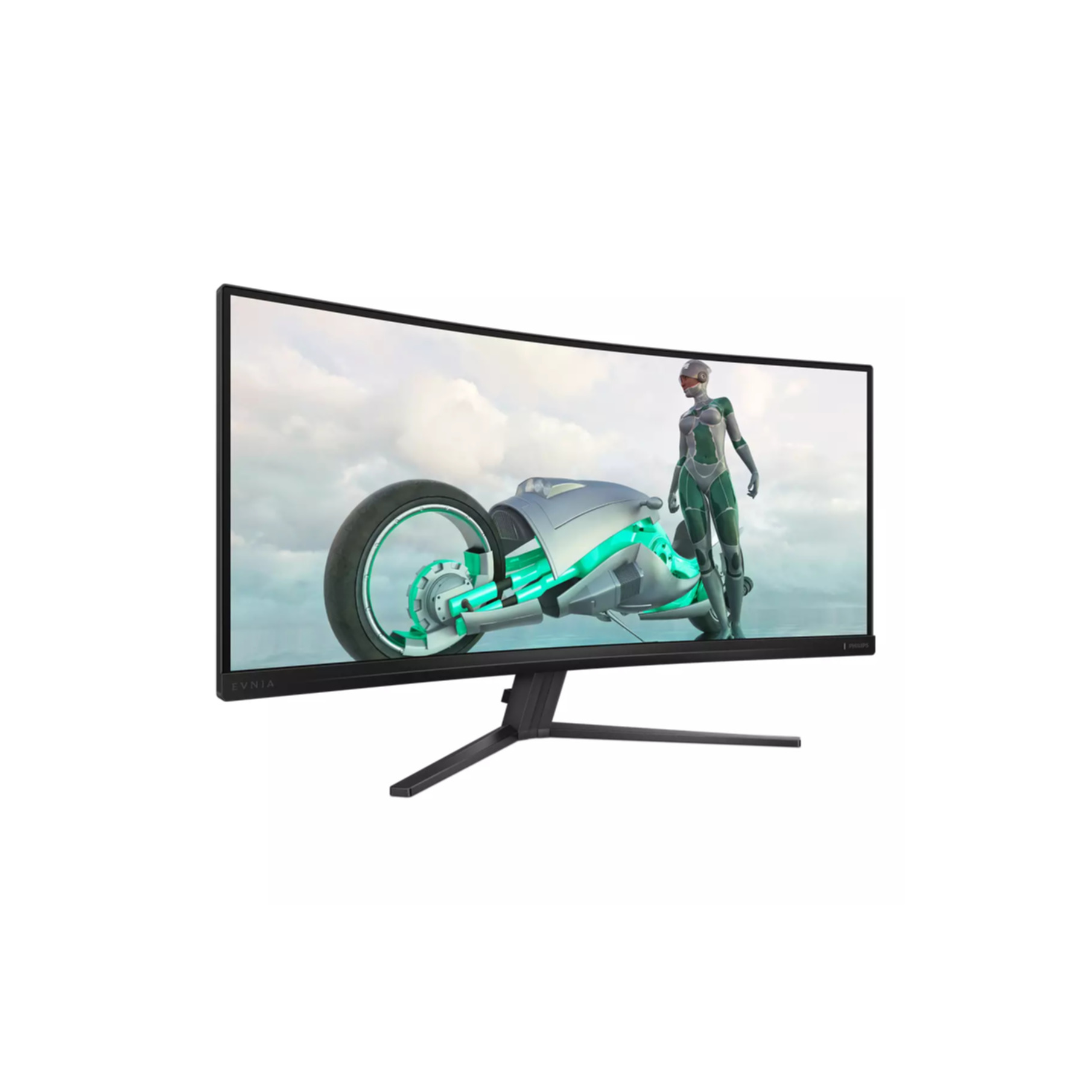 Zakrzywiony monitor wyświetla futurystyczną scenę z kobietą w kombinezonie obok neonowego motocykla.