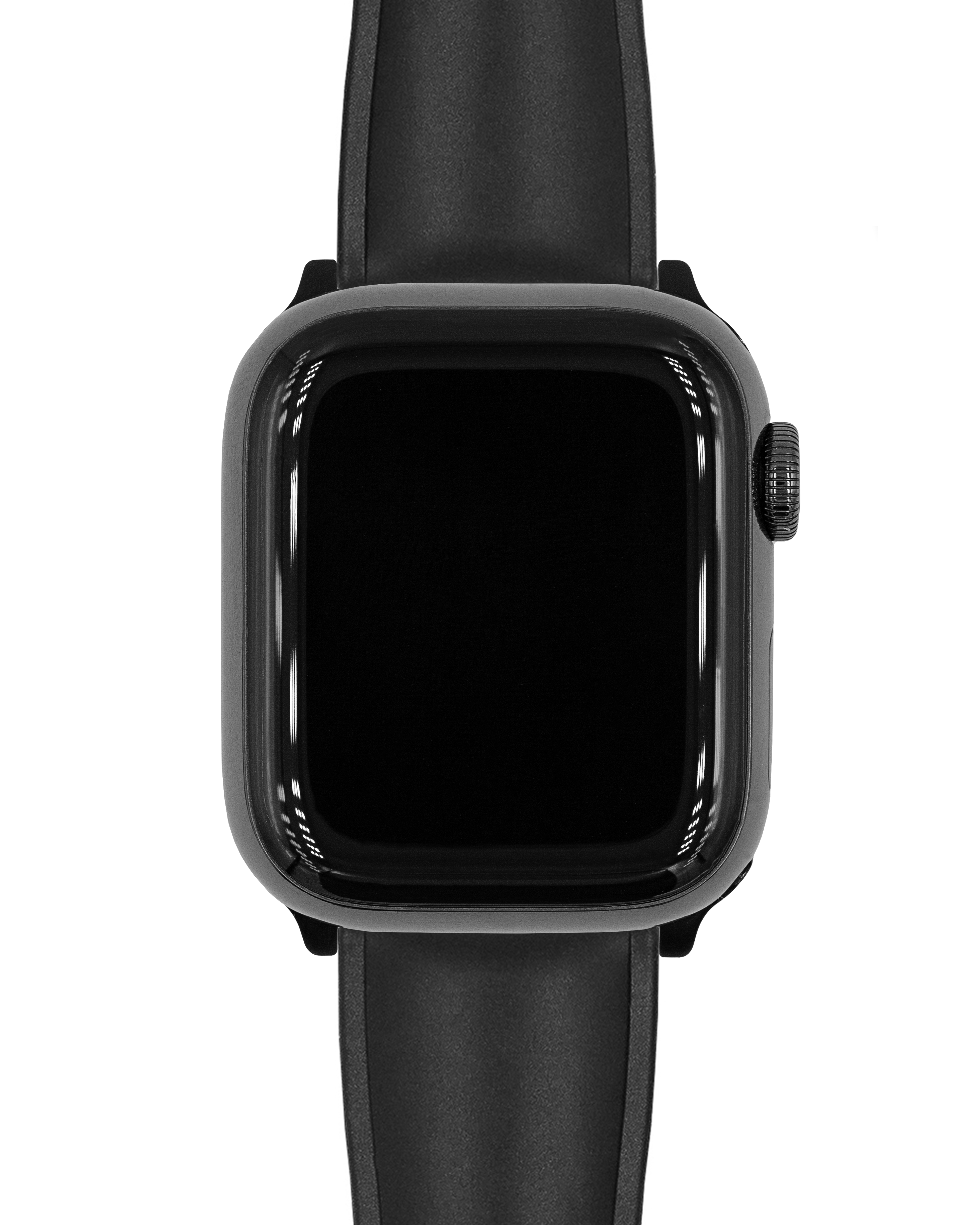 Eine schwarze Smartwatch mit schwarzem Bildschirm und schwarzem Armband auf weißem Hintergrund.