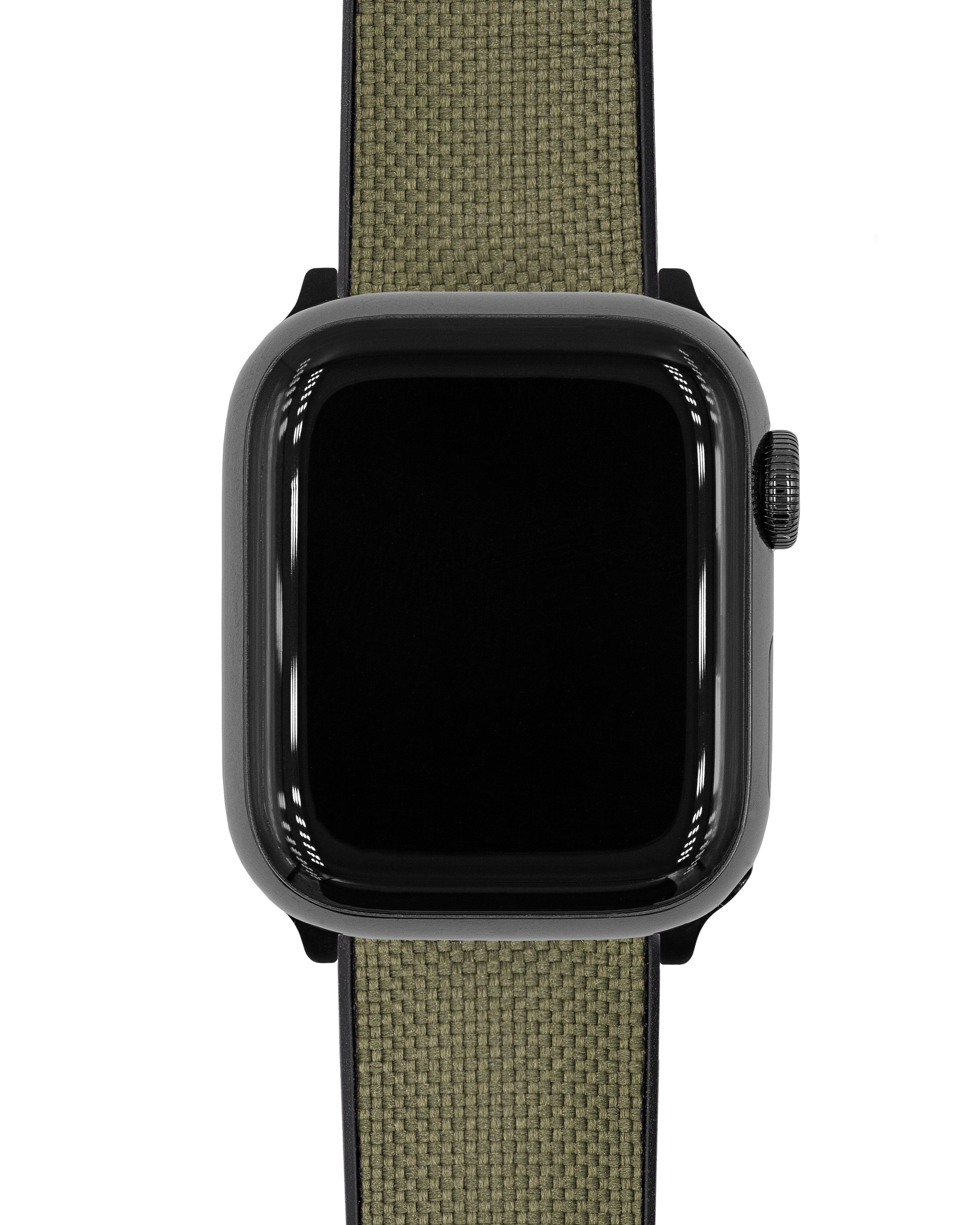 Eine schwarze Smartwatch mit grün gewebtem Armband ist zentriert. Der Bildschirm ist schwarz und der Hintergrund weiß.
