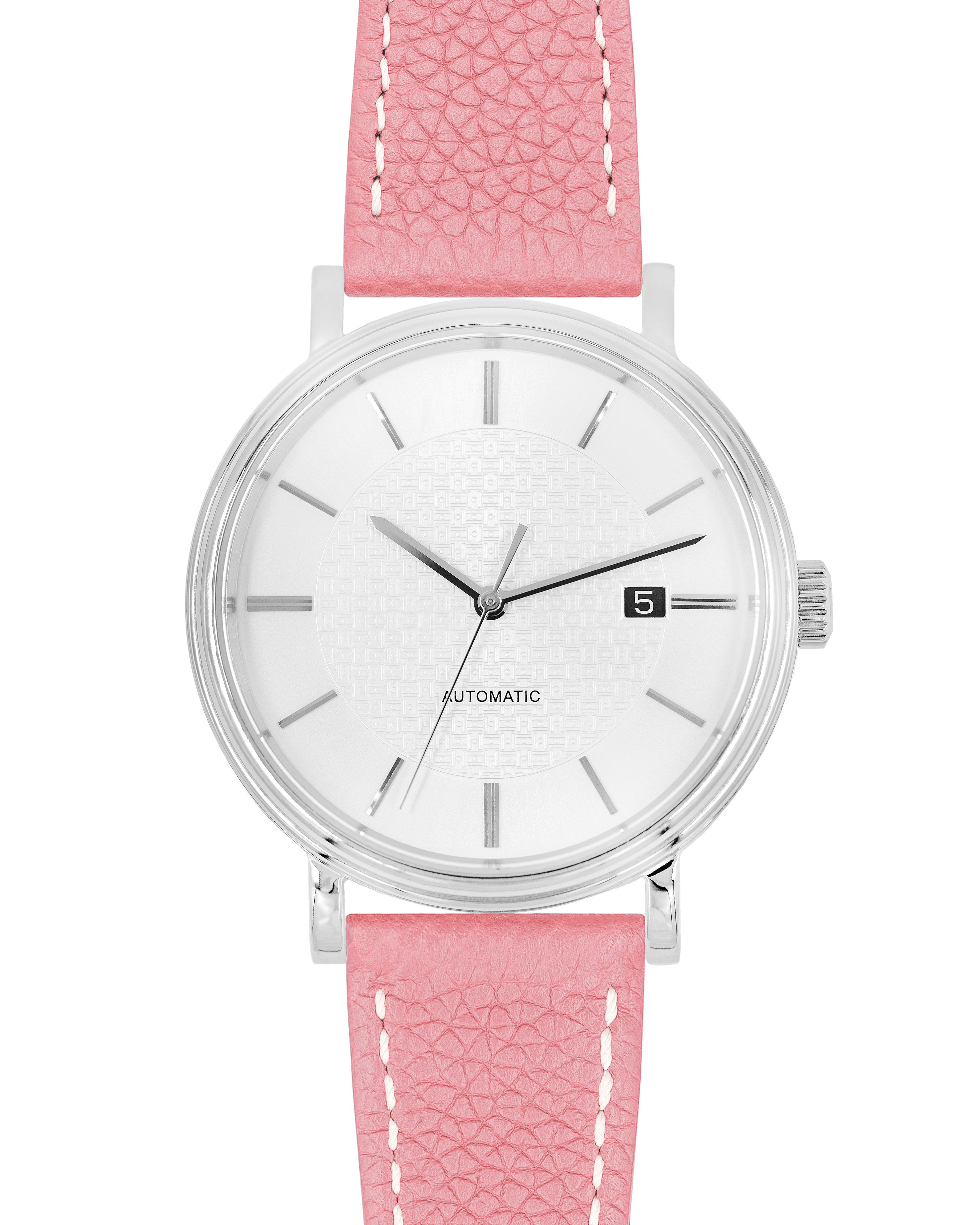 Eine silberne Uhr mit weißem Zifferblatt und rosa Armband. Die Uhr zeigt die Zahl 5. Das Wort Automatik ist sichtbar.