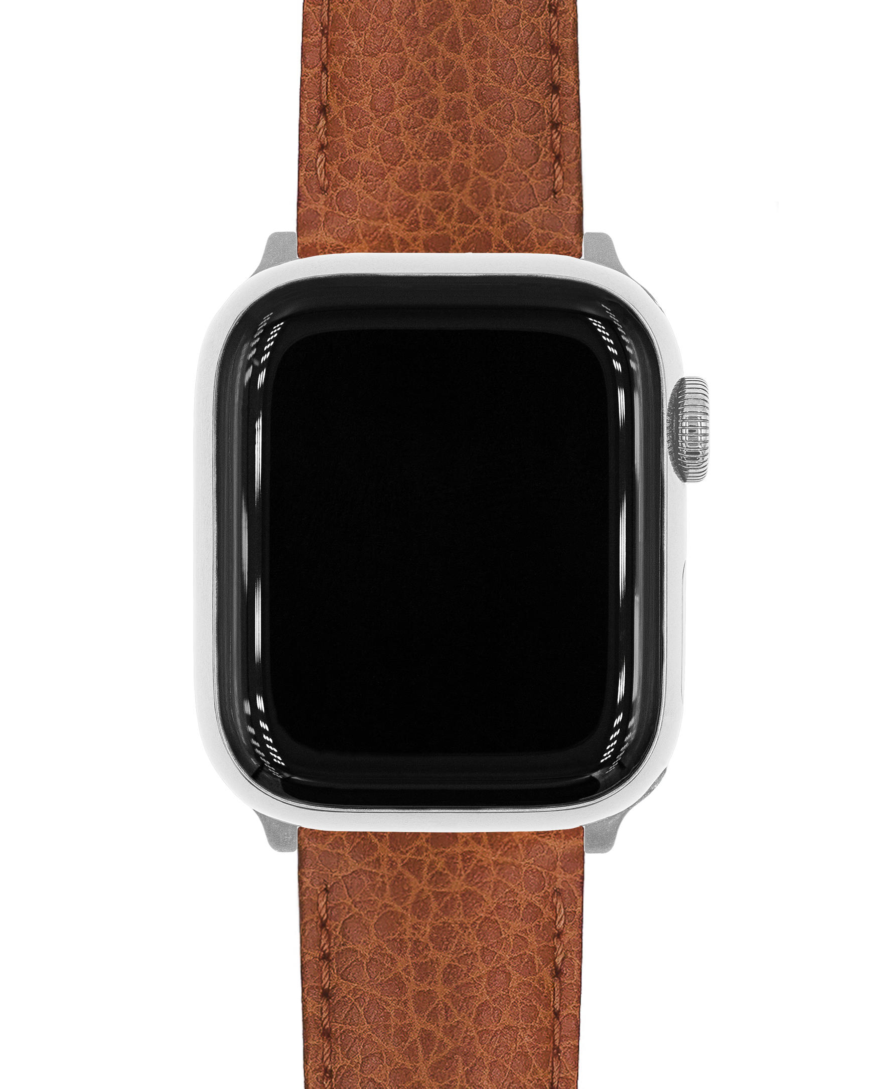 Eine silberne Apple Watch mit schwarzem Bildschirm und braunem Lederarmband auf weißem Hintergrund.