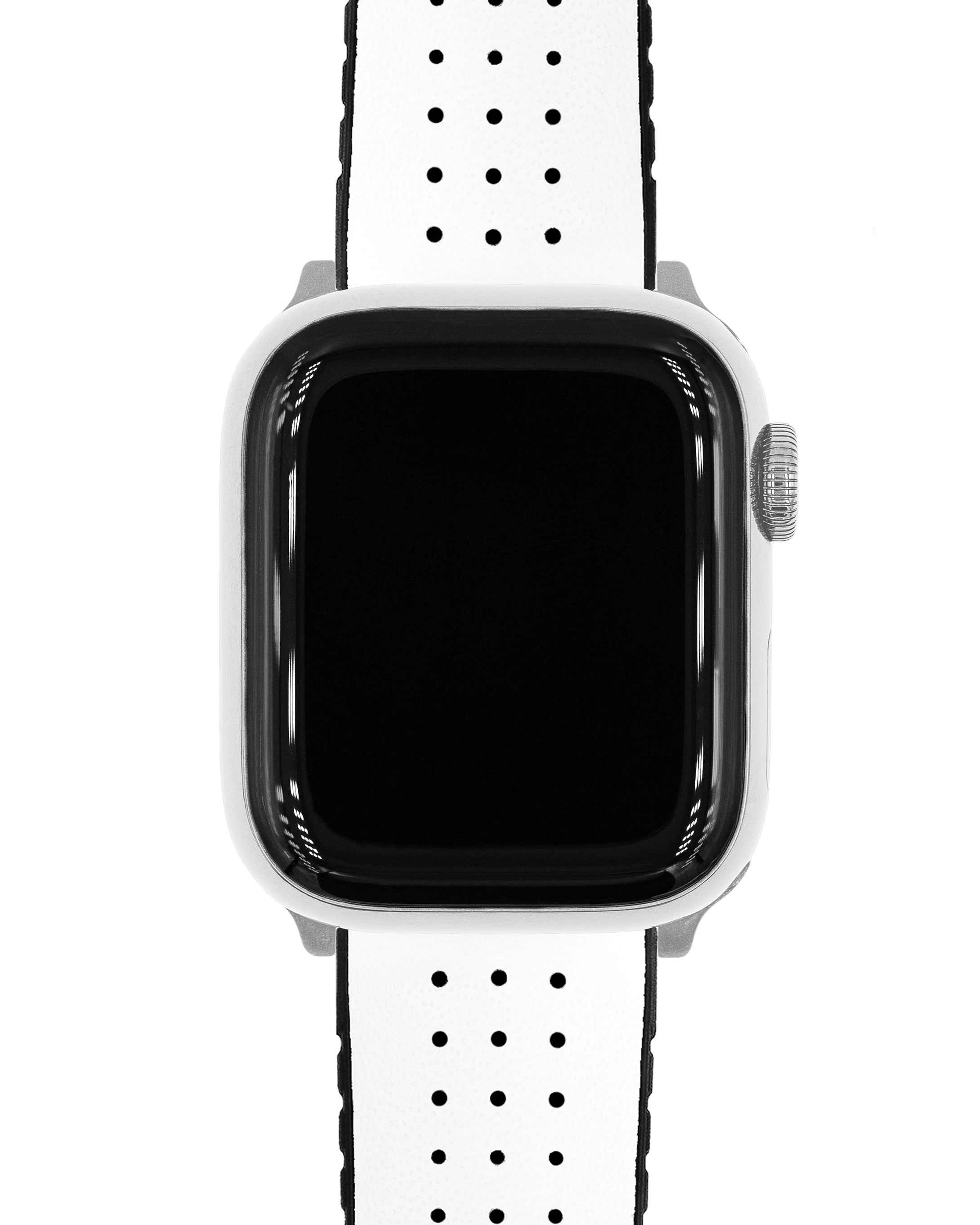 Eine silberne Smartwatch mit schwarzem Bildschirm und weißem perforiertem Armband auf weißem Hintergrund.
