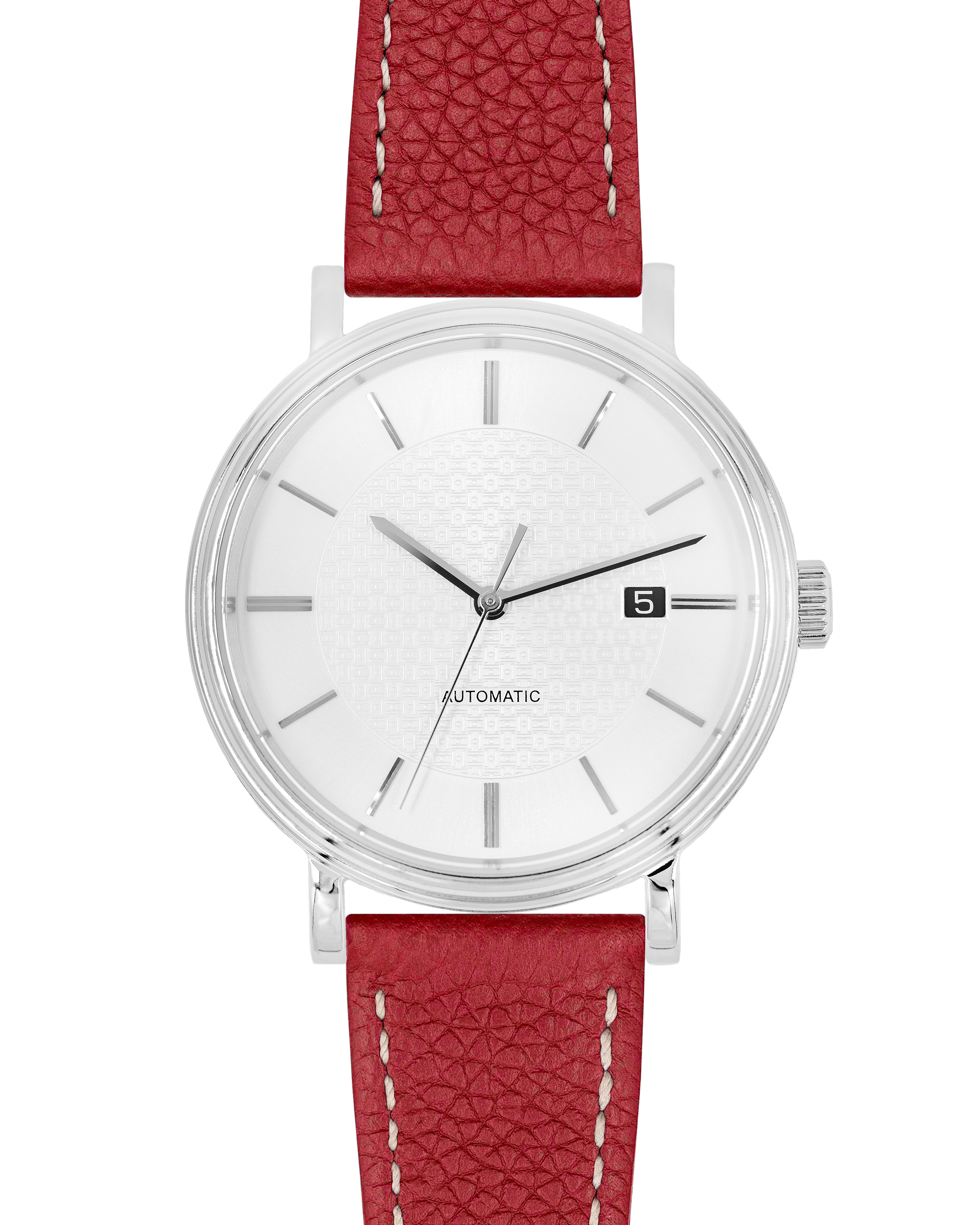 Eine silberne Armbanduhr mit weißem Zifferblatt, rotem Lederarmband und dem Datum '5'. Die Uhr ist 'AUTOMATIC'.