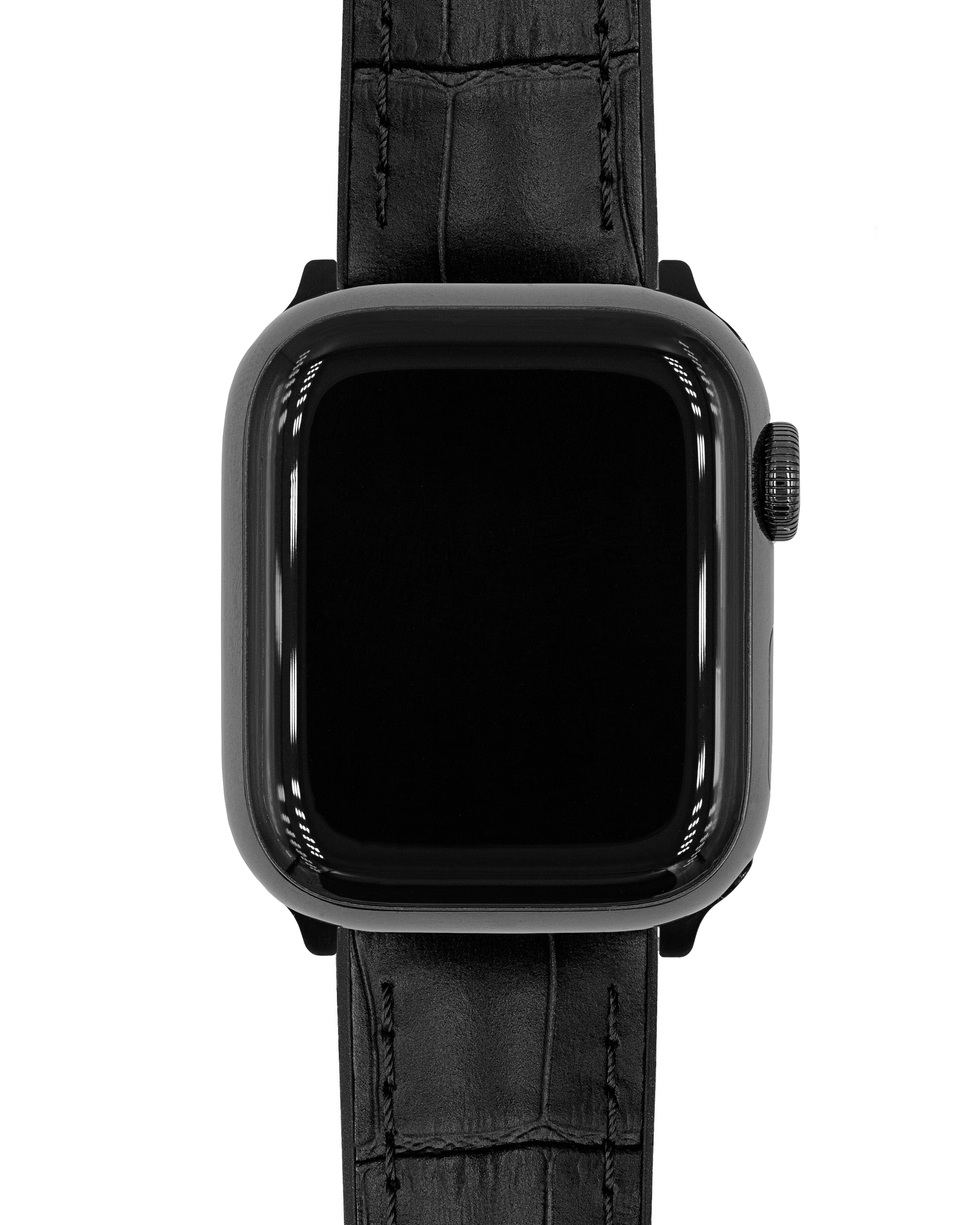 Eine schwarze Smartwatch mit schwarzem Lederarmband ist zentriert. Das Zifferblatt ist schwarz.
