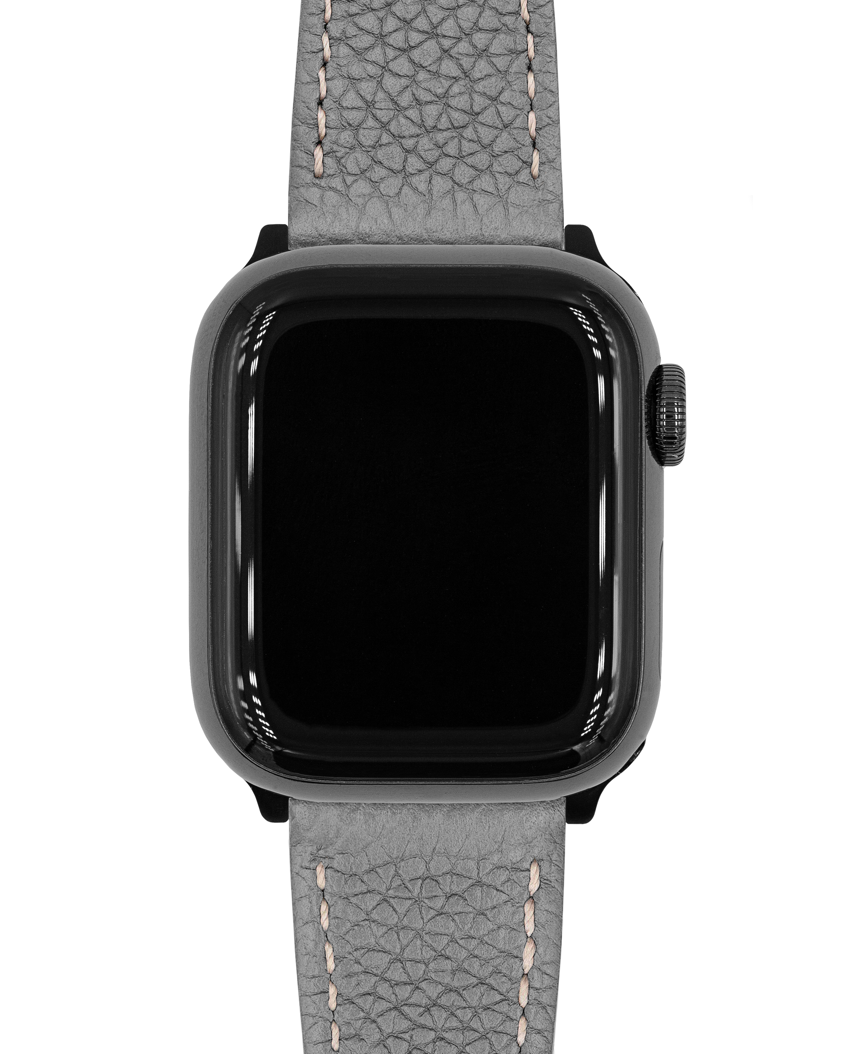 Eine Smartwatch mit schwarzem Bildschirm und grauem Lederarmband mit sichtbaren Nähten. Der Hintergrund ist weiß.