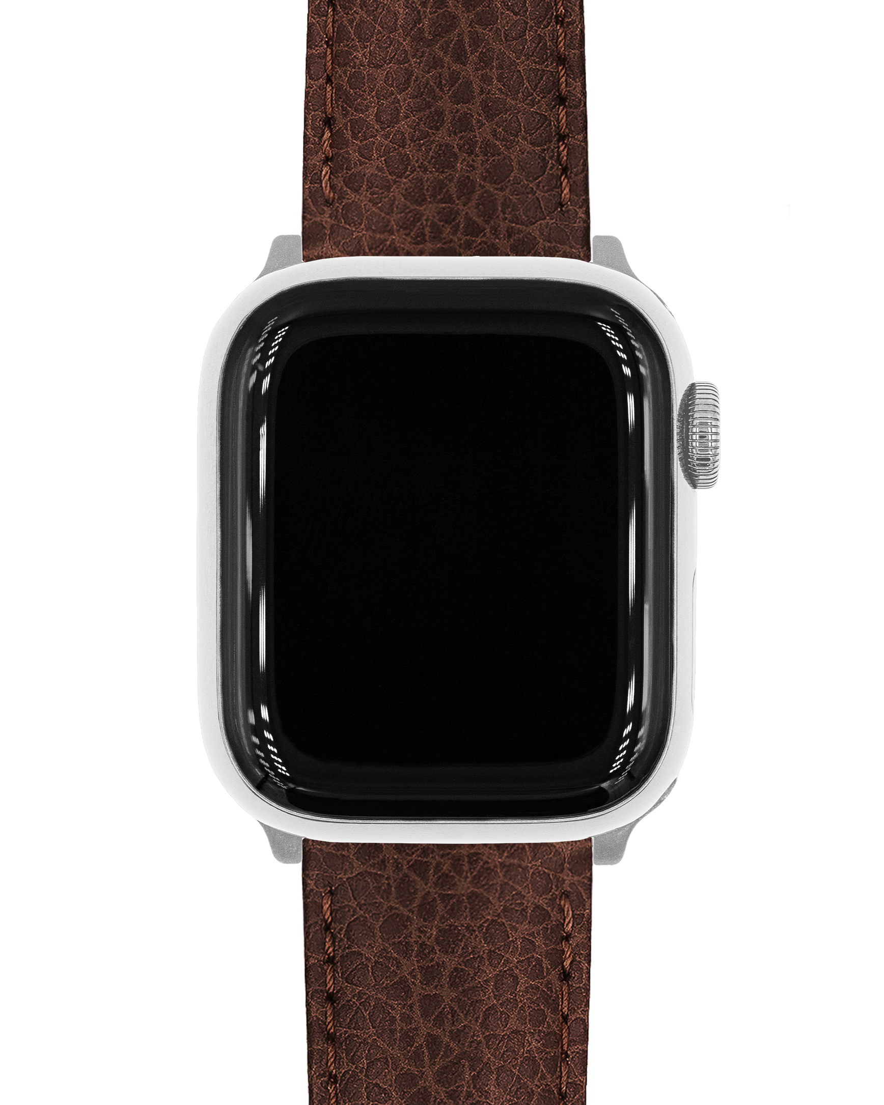 Eine silberne Smartwatch mit schwarzem Bildschirm und braunem Lederarmband ist auf weißem Hintergrund zentriert.