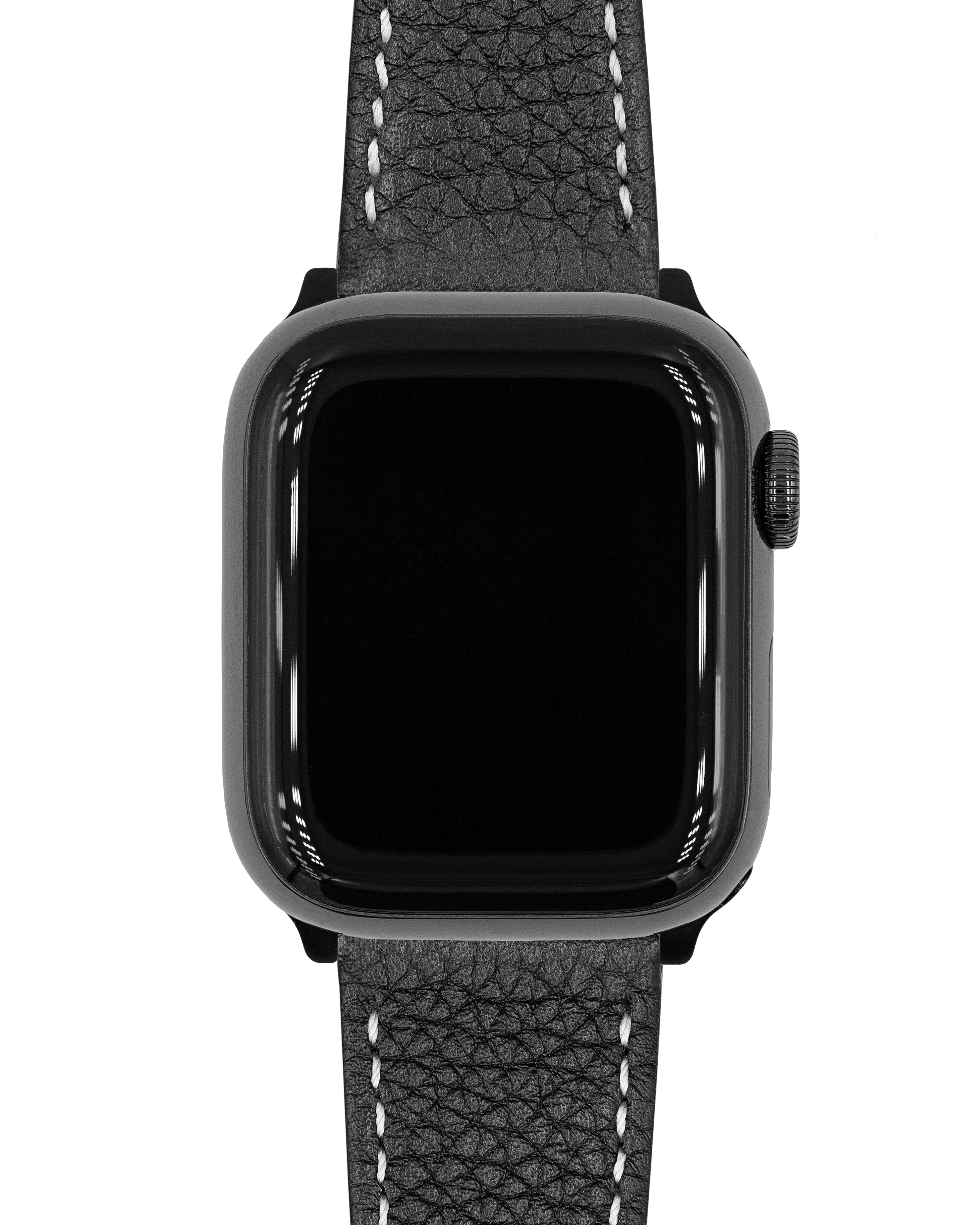Schwarze Smartwatch mit Lederarmband. Zifferblatt ist schwarz. Weiße Nähte am Armband.