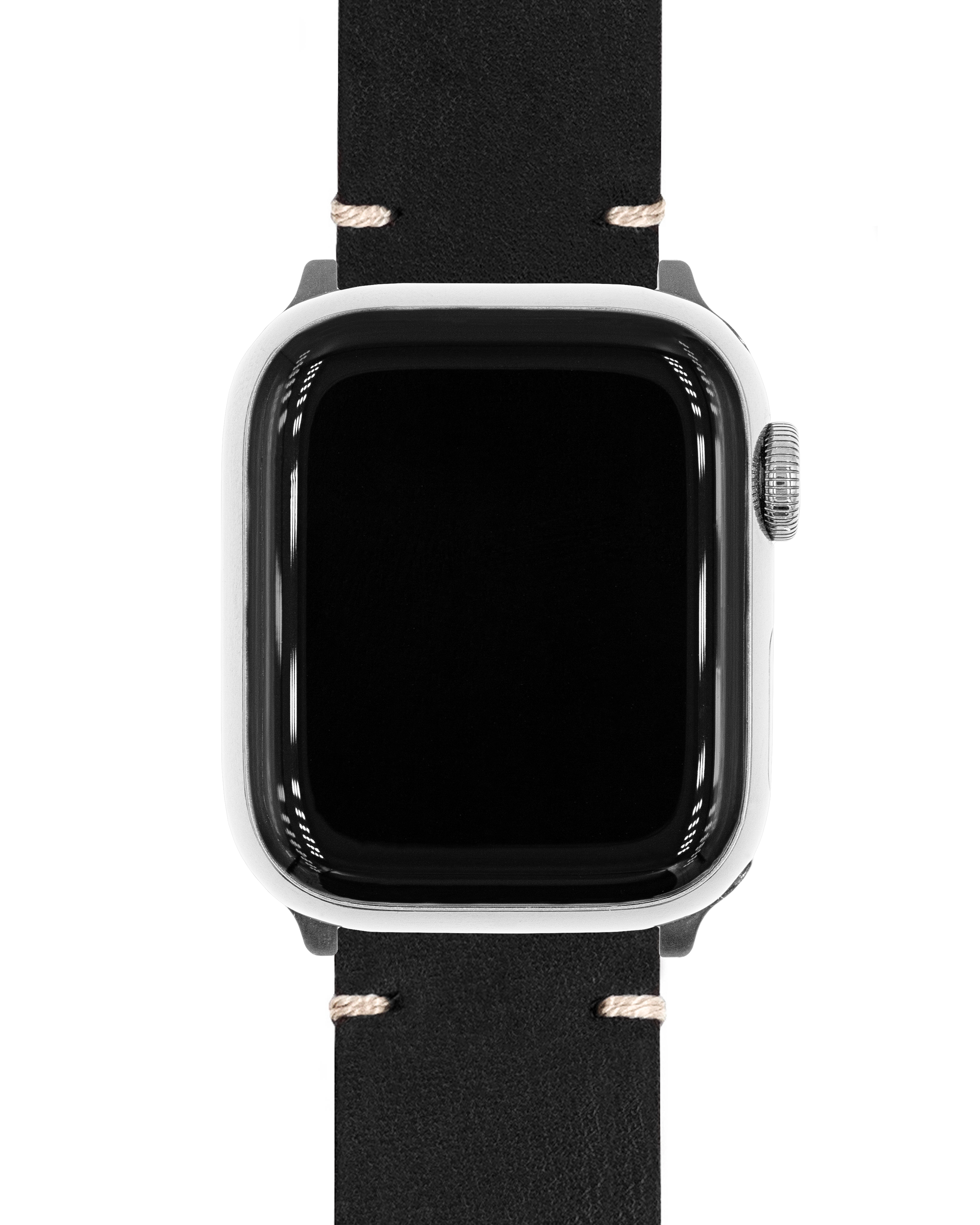 Eine silberne Smartwatch mit schwarzem Bildschirm und schwarzem Lederarmband. Beige Nähte sind sichtbar.