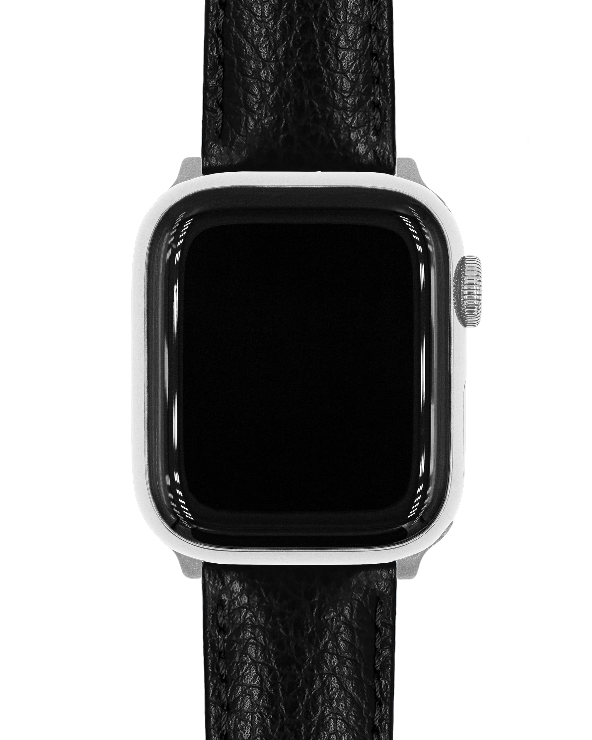 Eine silberne Smartwatch mit schwarzem Bildschirm und schwarzem Lederarmband vor weißem Hintergrund.