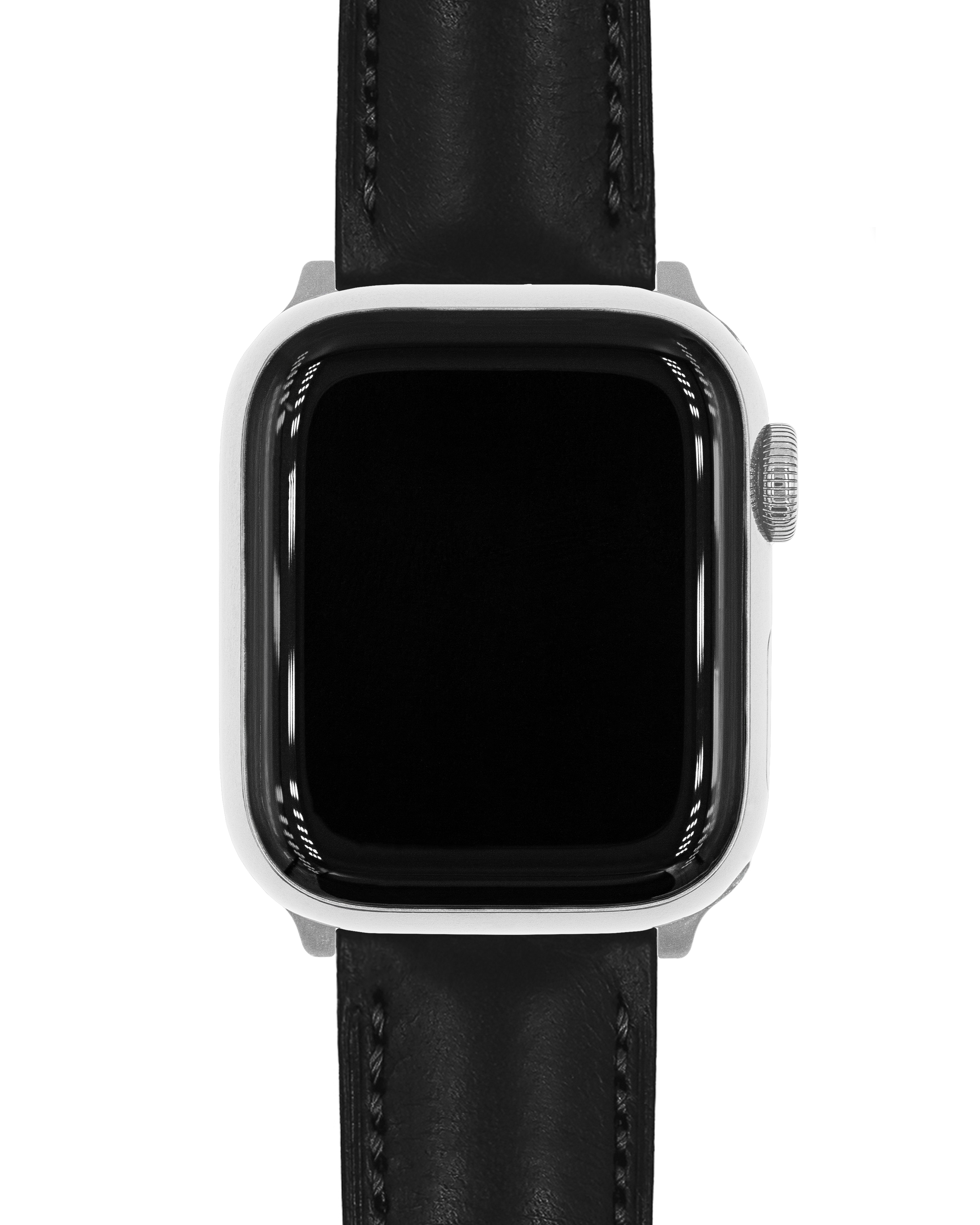 Eine silberne Smartwatch mit schwarzem Bildschirm und schwarzem Lederarmband auf weißem Hintergrund.