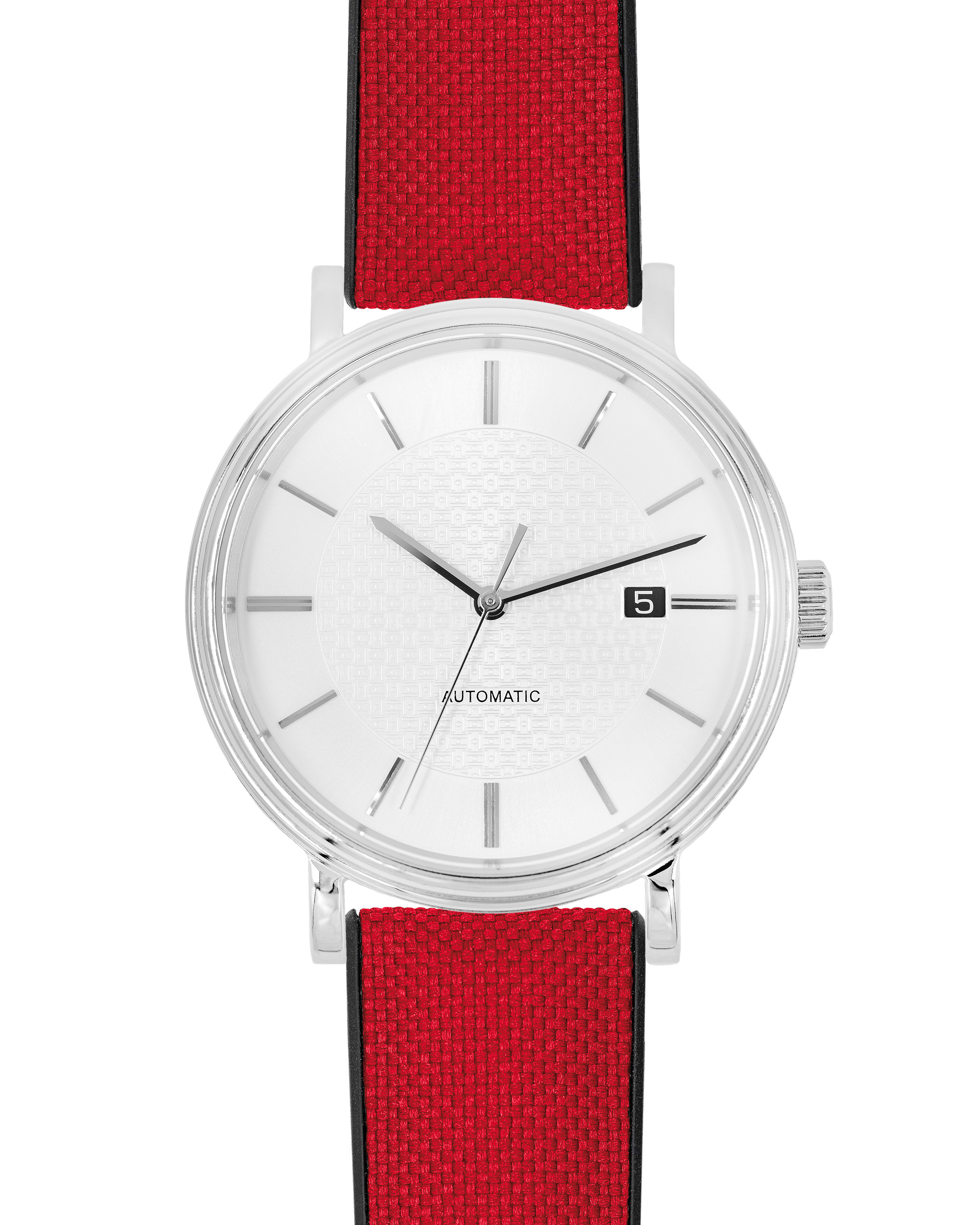 Eine silberne Uhr mit weißem Zifferblatt, schwarzen Zeigern und Datumsfenster bei 5. Sie hat rote Armbänder.
