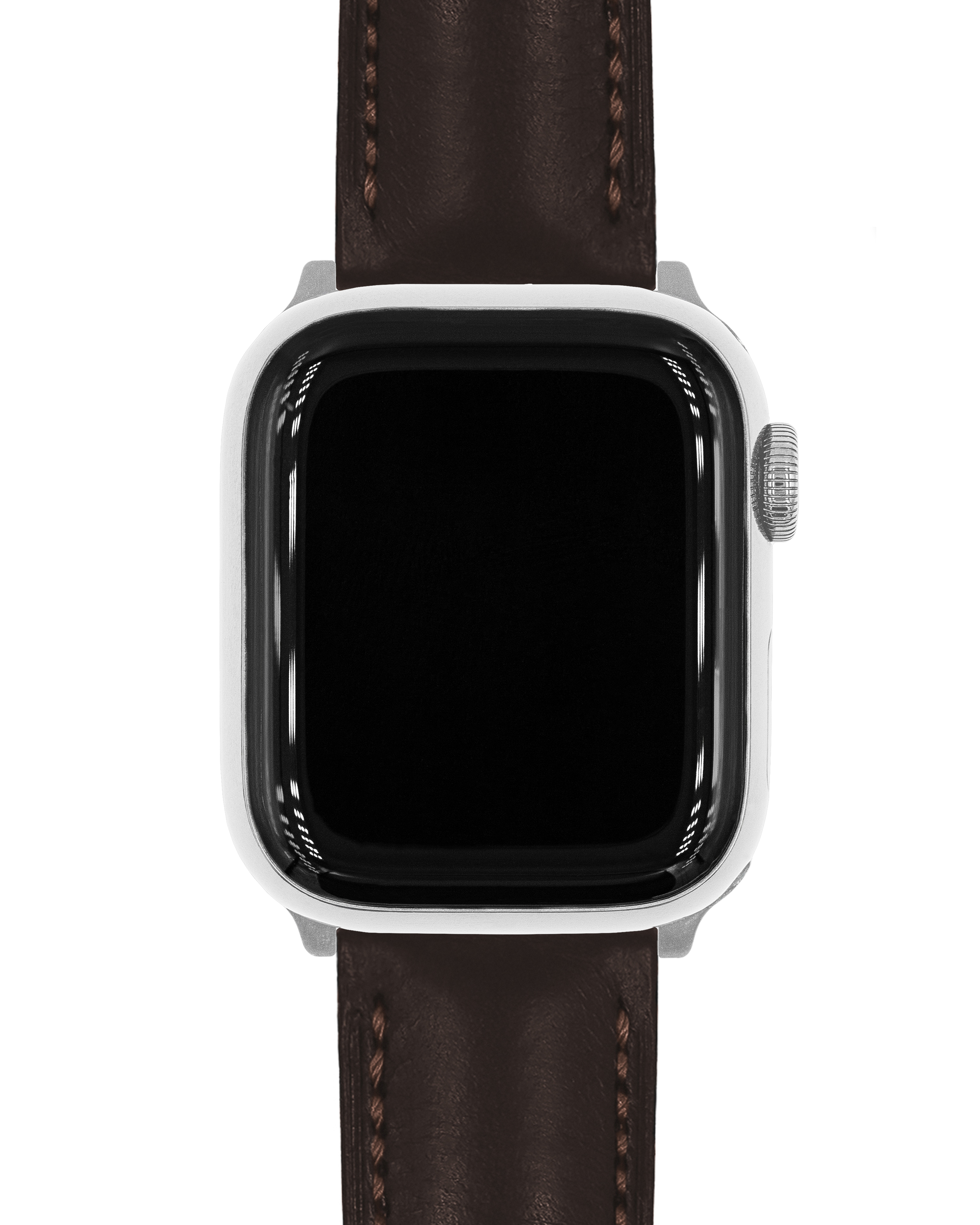 Silberne Apple Watch mit schwarzem Bildschirm und braunem Lederarmband. Weißer Hintergrund.
