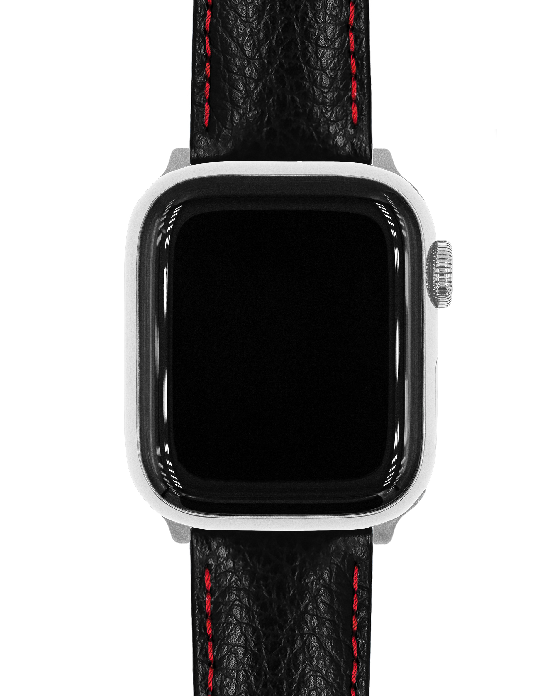 Silberne Smartwatch mit schwarzem Bildschirm. Schwarzes Lederarmband mit roten Nähten. Weißer Hintergrund.