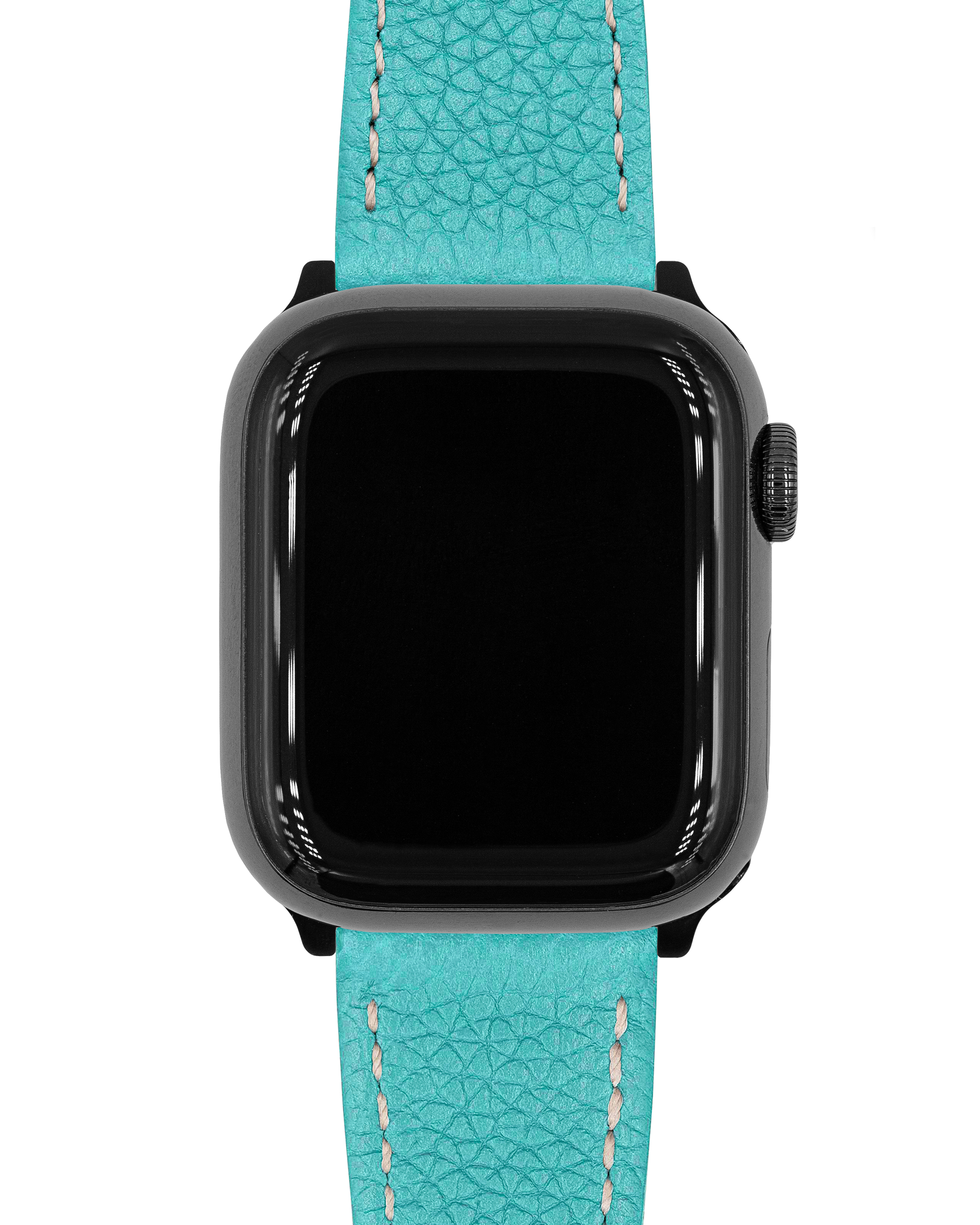 Eine schwarze Smartwatch mit türkisfarbenem Lederarmband. Die Uhr ist zentriert, der Hintergrund ist weiß.
