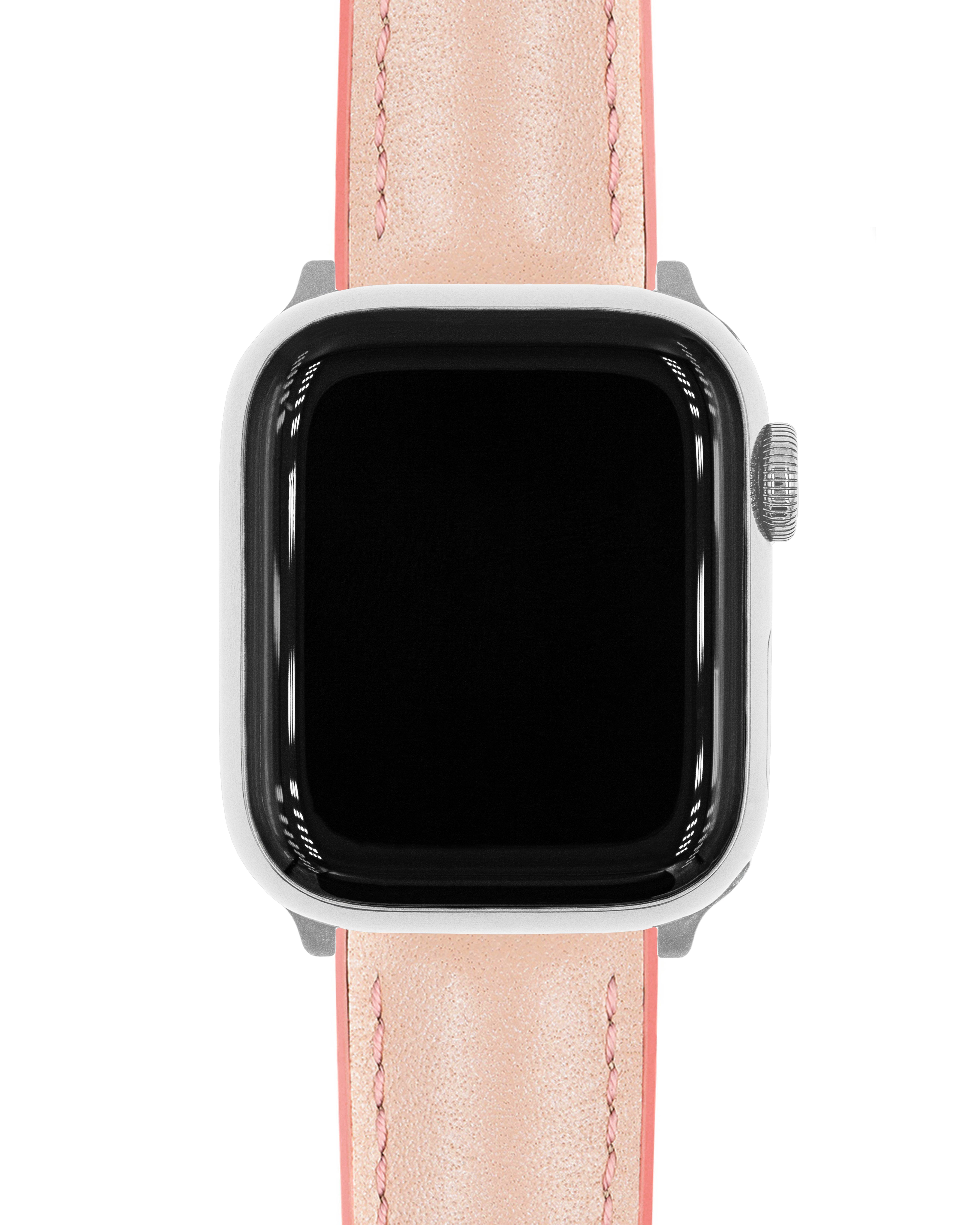Eine silberne Apple Watch mit schwarzem Bildschirm und einem rosafarbenen Lederarmband. Das Armband hat rosa Nähte.